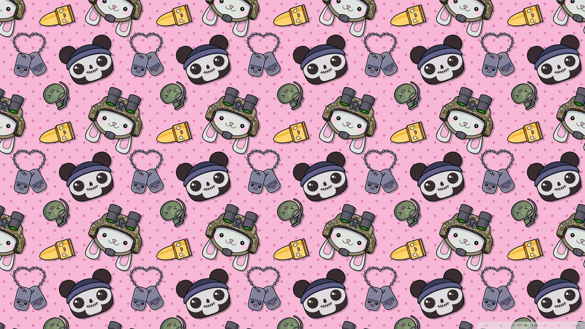 Yami Kawaii 桌布 壁紙 — 粉紅色背景，重複的可愛卡通熊貓士兵拿著望遠鏡和手榴彈。