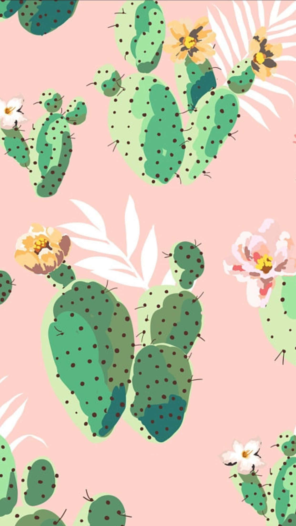 Cactus 桌布 壁紙 — 粉紅色背景，飾有風格化的綠色仙人掌，帶有黃色和白色的花朵以及白色的棕櫚葉。