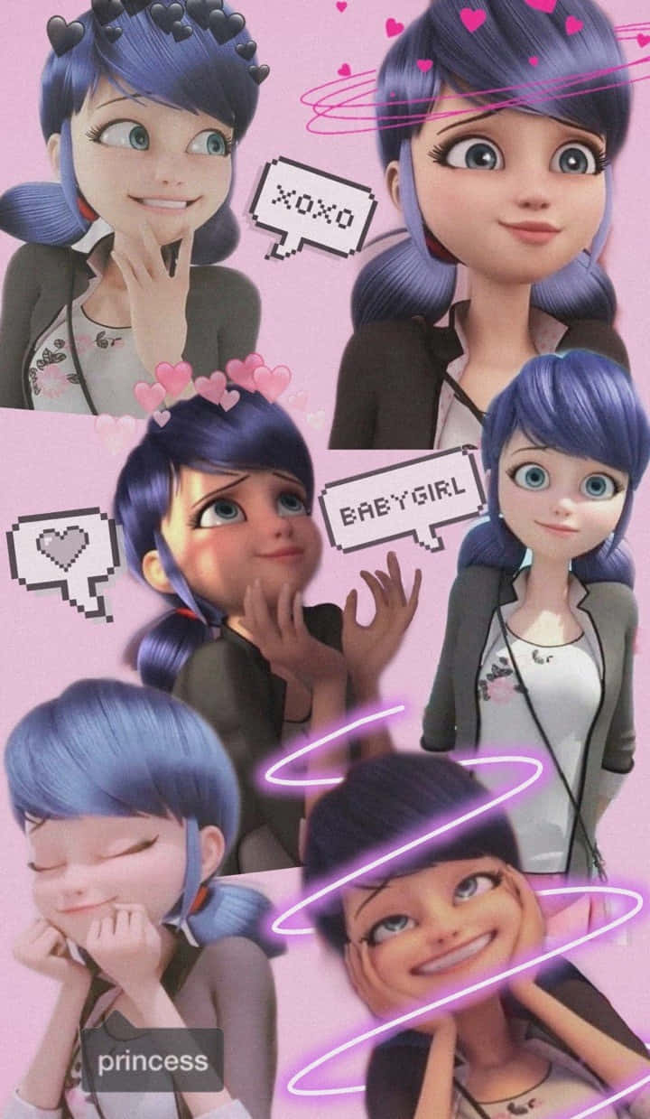 Marinette 桌布 壁紙 — 粉紅色背景上，動畫角色瑪麗娜以各種可愛姿勢、心形和對話氣泡組成的拼貼畫。