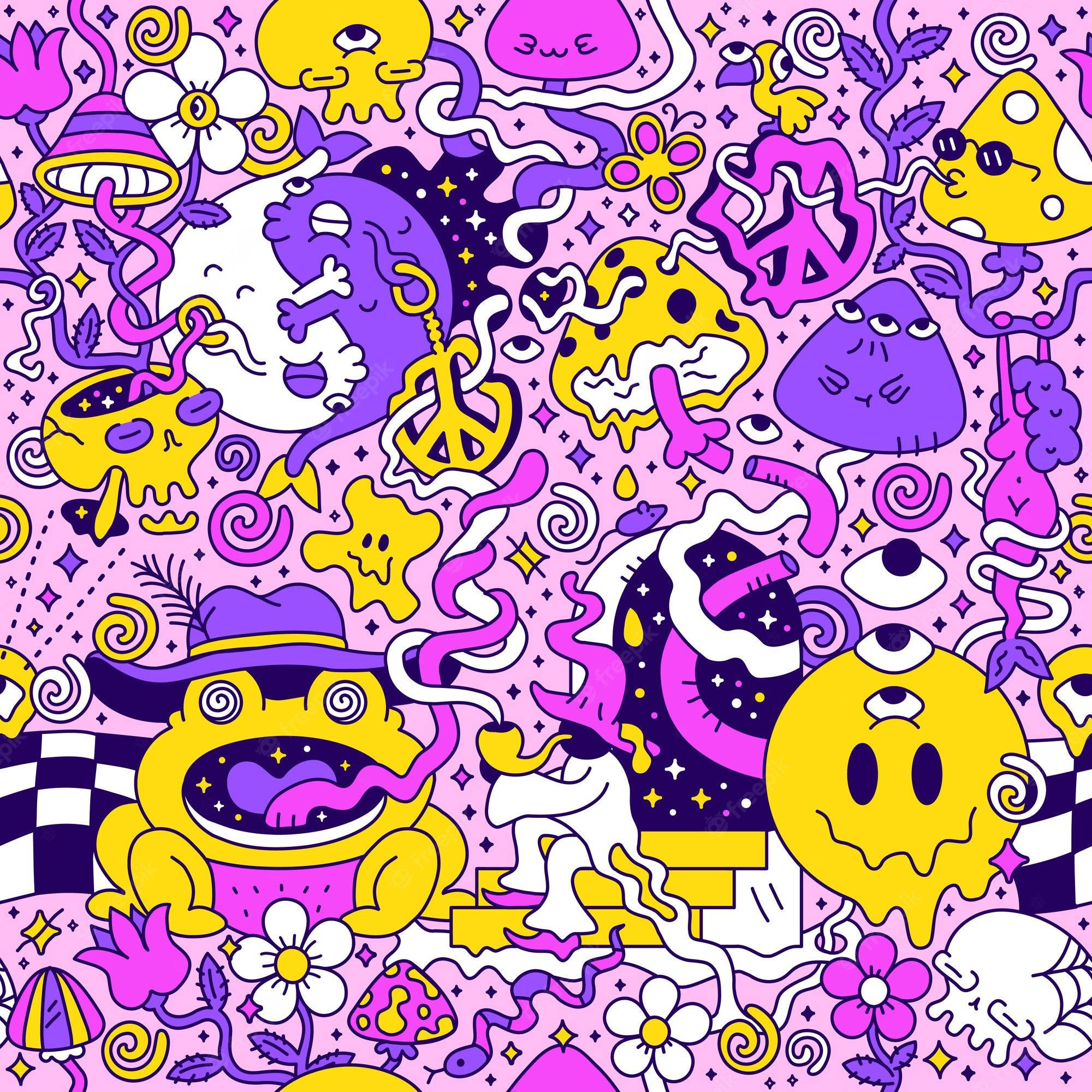 Trippy Cartoon 桌布 壁紙 — 粉紅色背景上，微笑的黃色和紫色生物、花朵和星星的迷幻圖案。