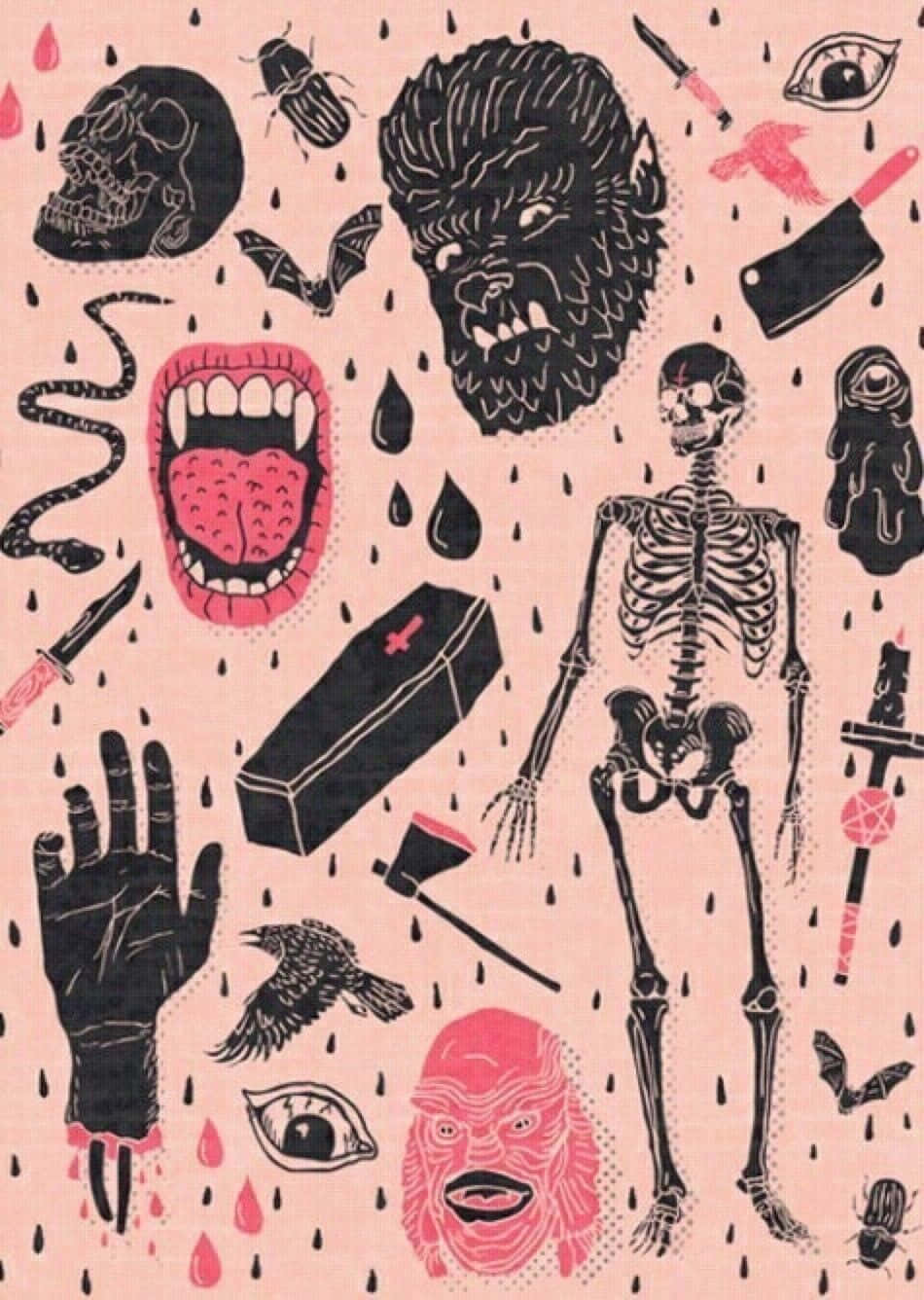 Spooky iPhone 桌布 壁紙 — 粉紅色背景上帶有黑色和粉紅色的恐怖圖標，如滴血的頭骨、骷髏和怪物。