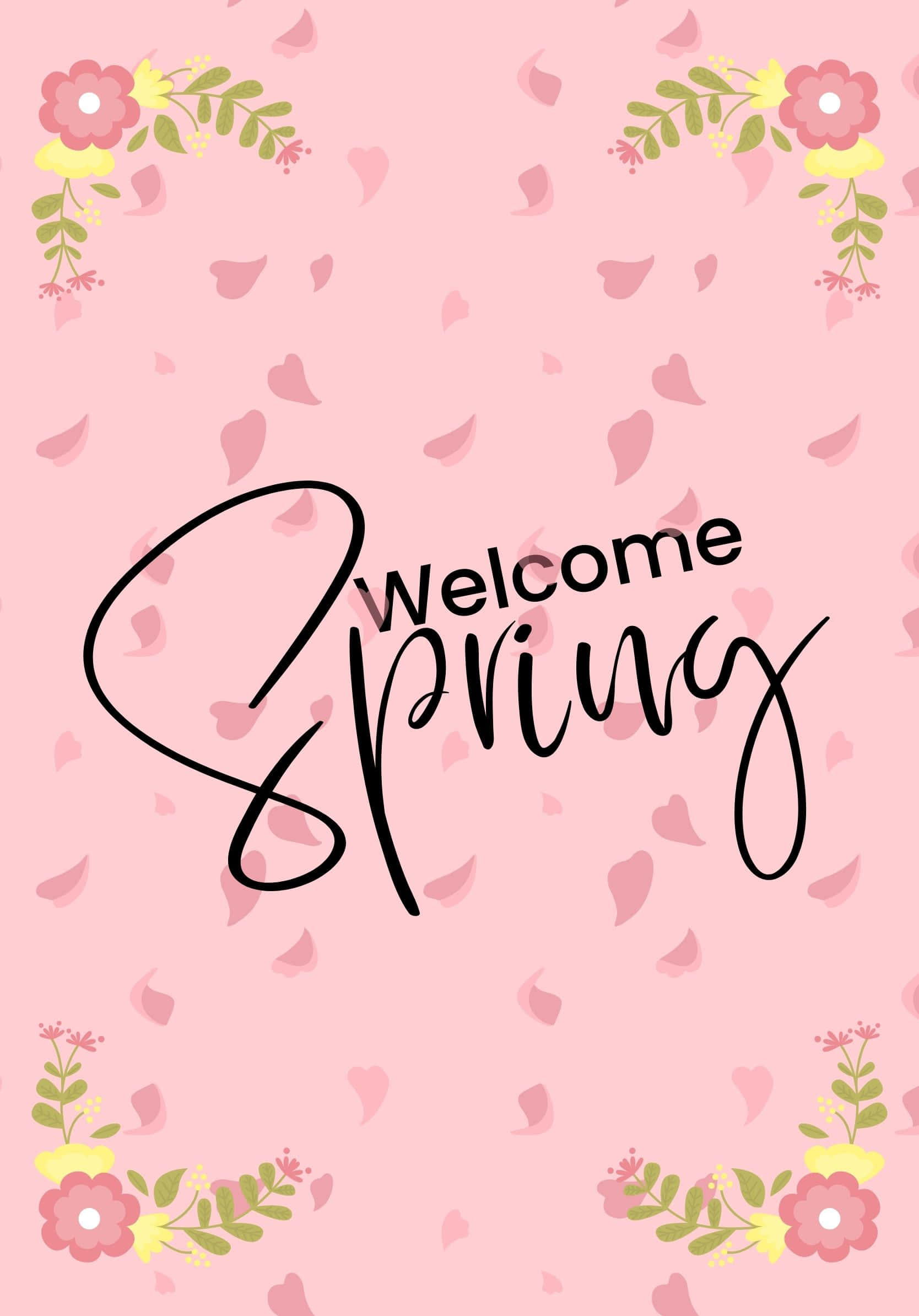 Spring Aesthetic 桌布 壁紙 — 粉紅色背景上散落著花瓣和花卉角落，以優雅的黑色字體迎接春天。