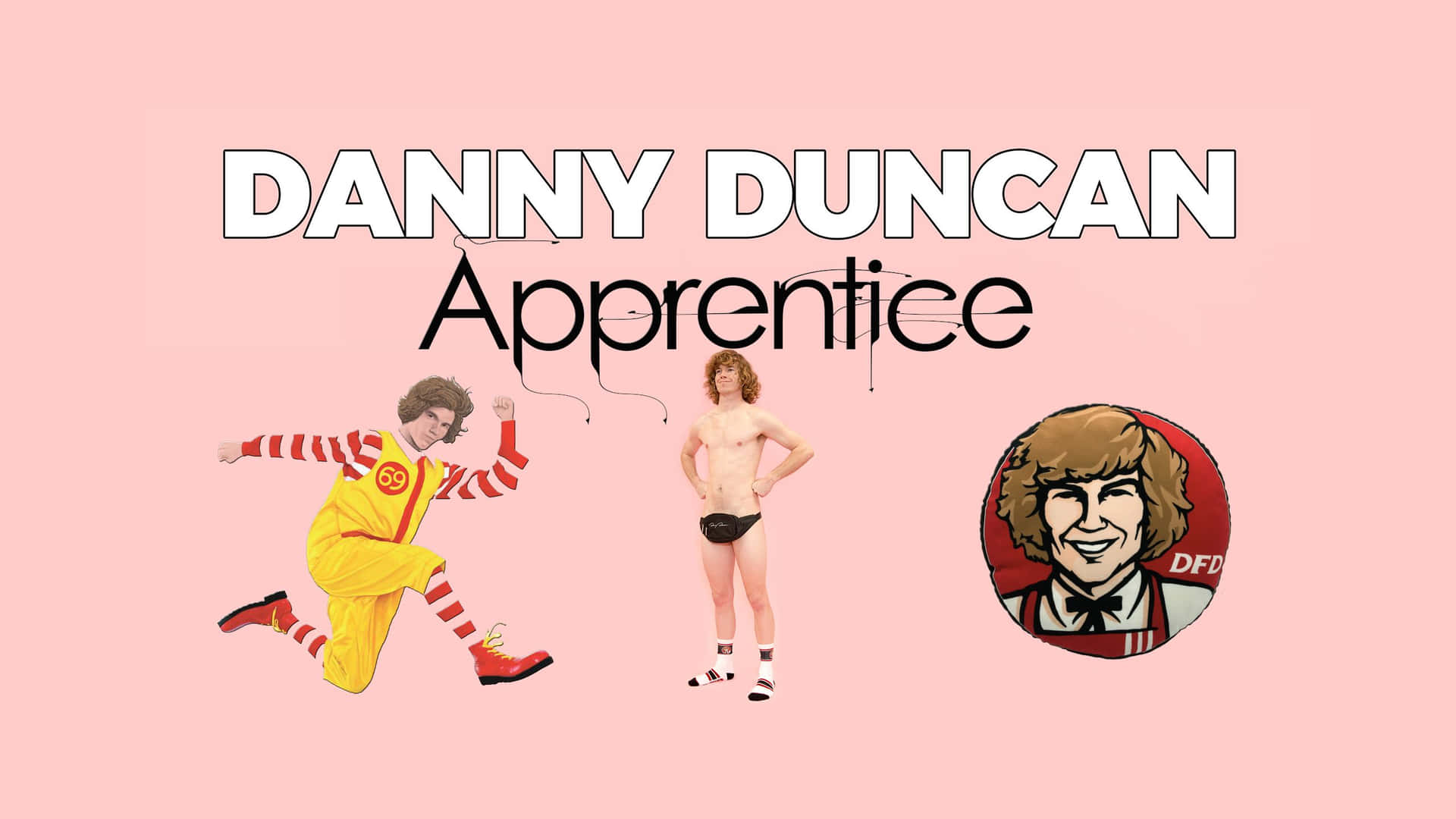 Danny Duncan Apprentice 標誌，帶有羅納德·麥當勞和一個裸體男子，背景為粉紅色。 — 影片 GIF 壁紙