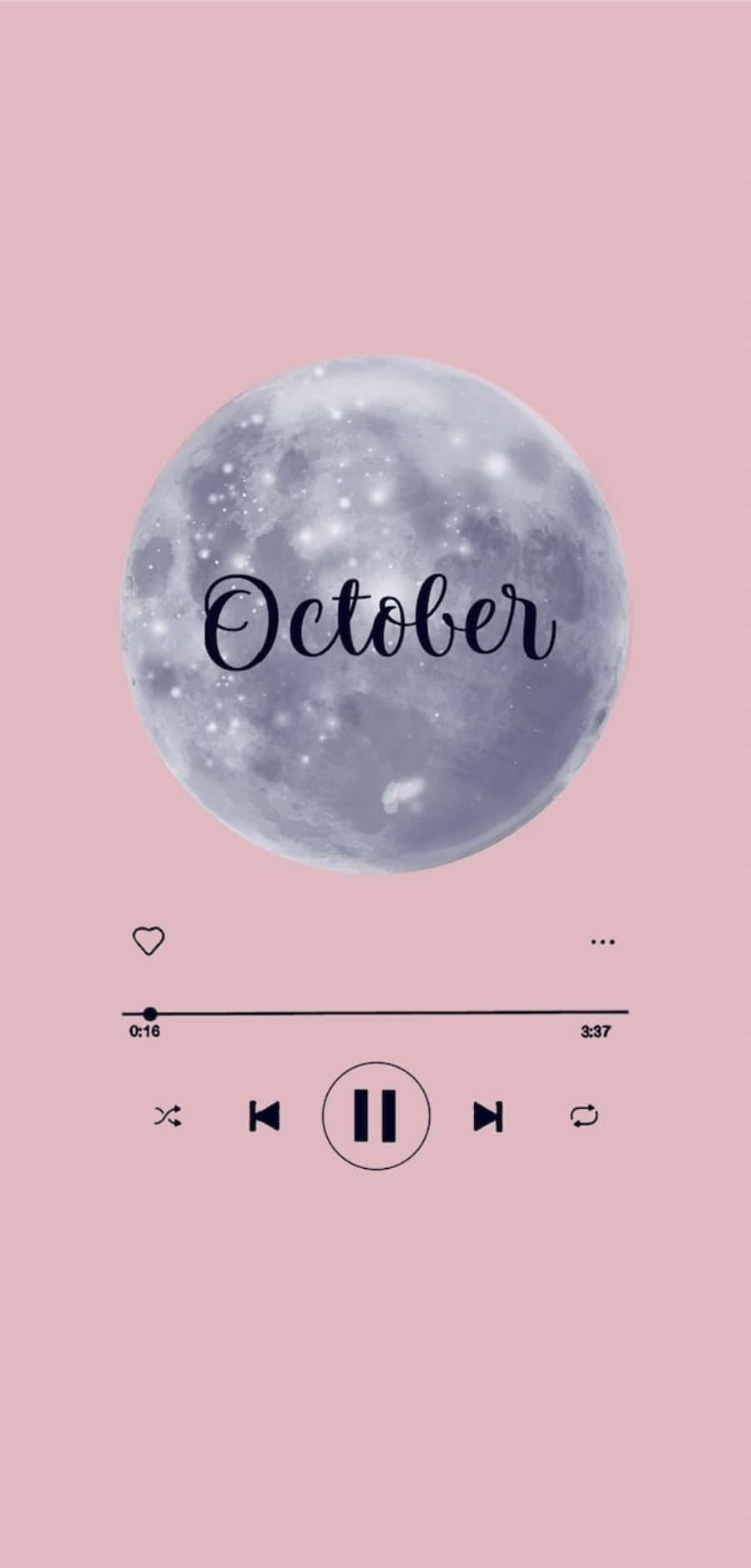 粉紅色 桌布 壁紙 — 粉紅色背景上有一個詳細的月亮，上面寫著October，並覆蓋了極簡的音樂播放器控制項。