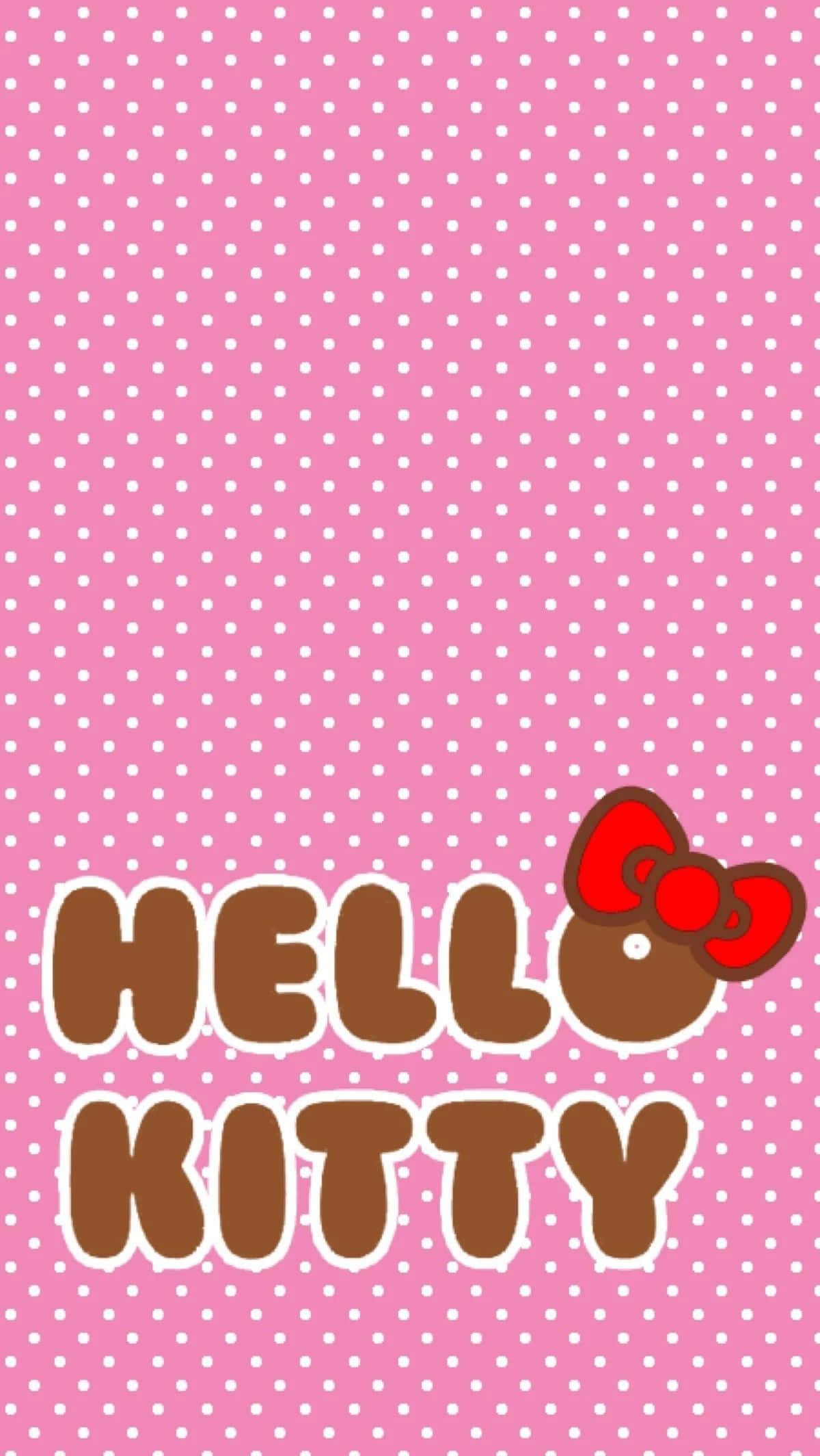 Hello Kitty 桌布 壁紙 — 粉紅色背景上有白色圓點，配有粗體棕色Hello Kitty文字和紅色蝴蝶結。