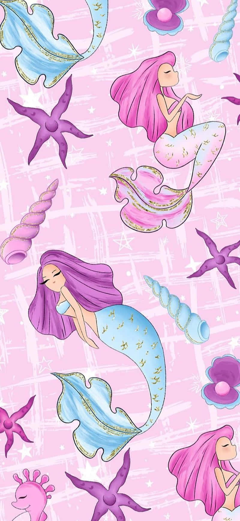 美人魚 桌布 壁紙 — 粉紅色背景上漂浮著美人魚、海星和貝殼，風格俏皮卡通。