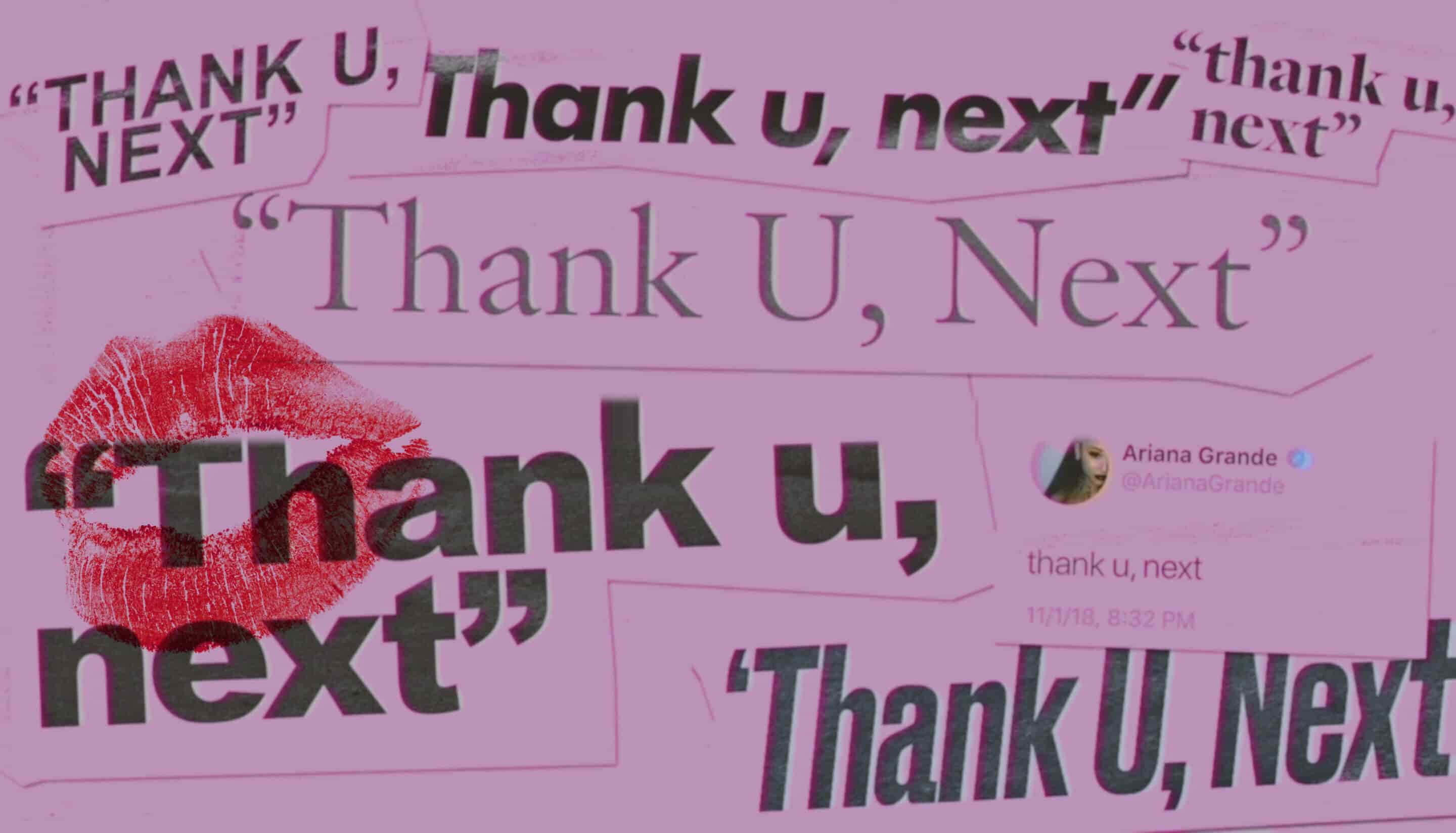 Aesthetic Ariana Grande 桌布 壁紙 — 粉紅色背景上重複出現「Thank U, Next」文字，帶有紅色唇印和Ariana Grande的推文覆蓋層。