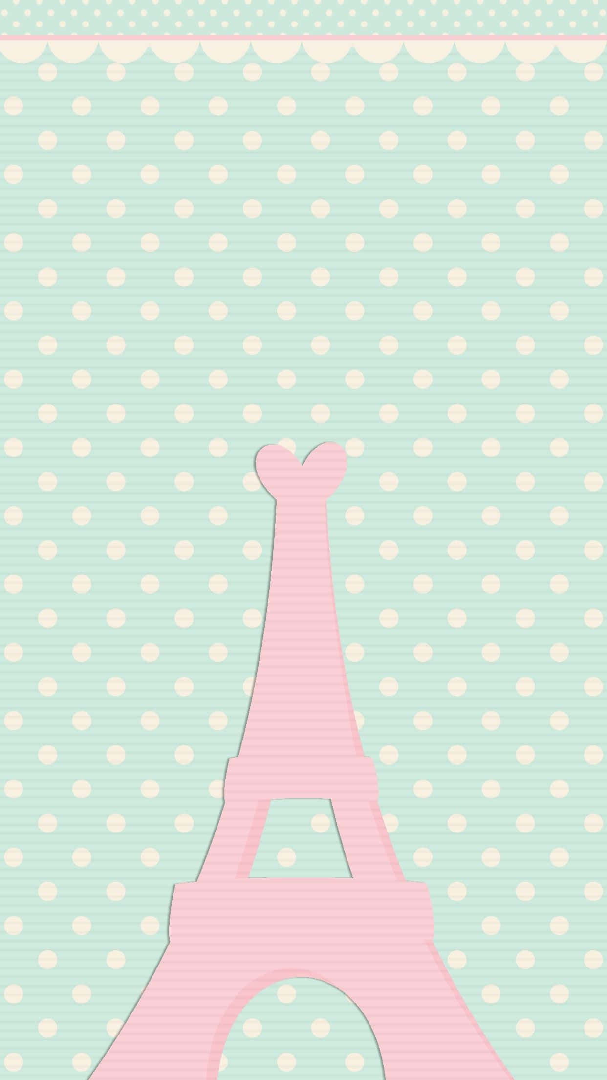 Pastel Vintage iPhone 桌布 壁紙 — 粉紅色艾菲爾鐵塔剪影，背景為薄荷綠色圓點圖案及扇貝形邊框。