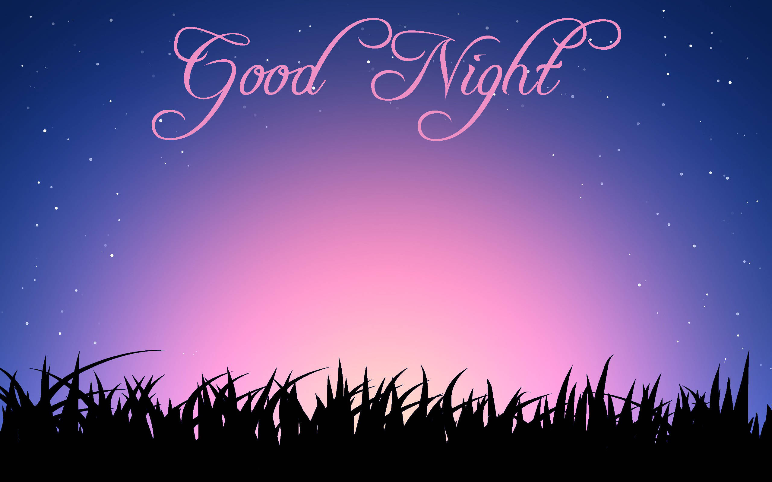 Good Night 桌布 壁紙 — 粉紅色草書「晚安」漂浮在星空暮色天空上，下方有草叢剪影。