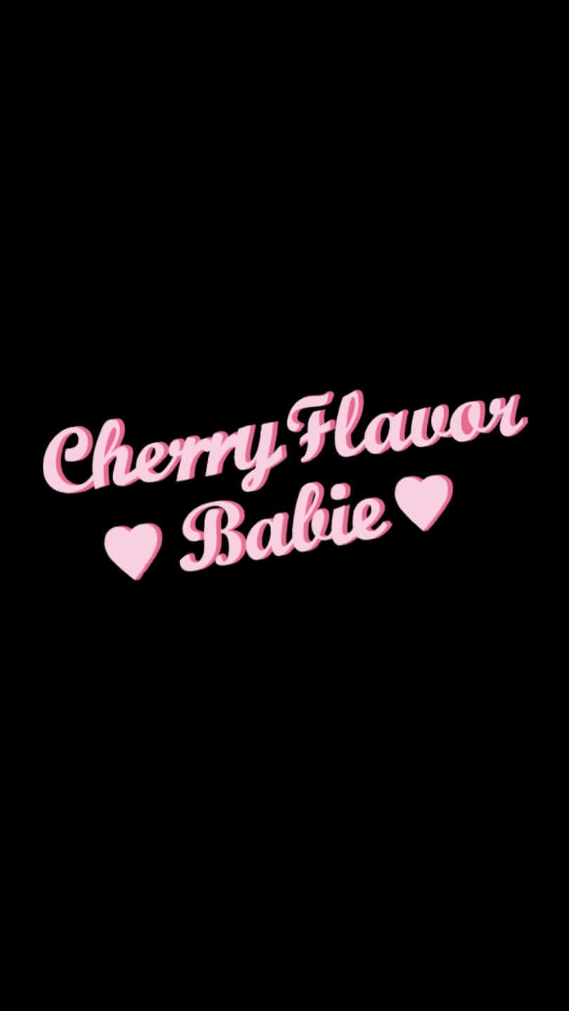 Cherry Aesthetic 桌布 壁紙 — 粉紅色草書文字寫著 Cherry Flavor Babie，兩側有心形圖案，背景為純黑色。