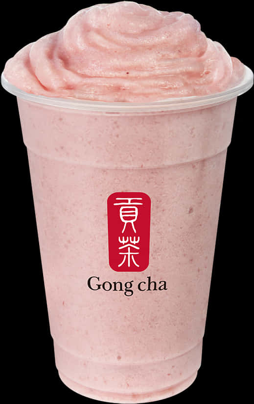 Smoothies 桌布 壁紙 — 粉紅色草莓奶昔，頂部有漩渦狀鮮奶油，放在Gong cha品牌杯中，黑色背景。