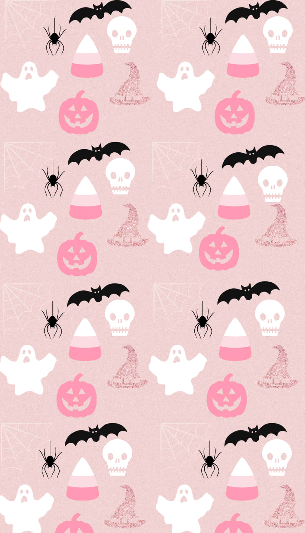Pastel Halloween 桌布 壁紙 — 粉紅色萬聖節桌布圖案，以鬼魂、骷髏頭、蝙蝠、蜘蛛和糖果玉米組成有趣的重复設計。