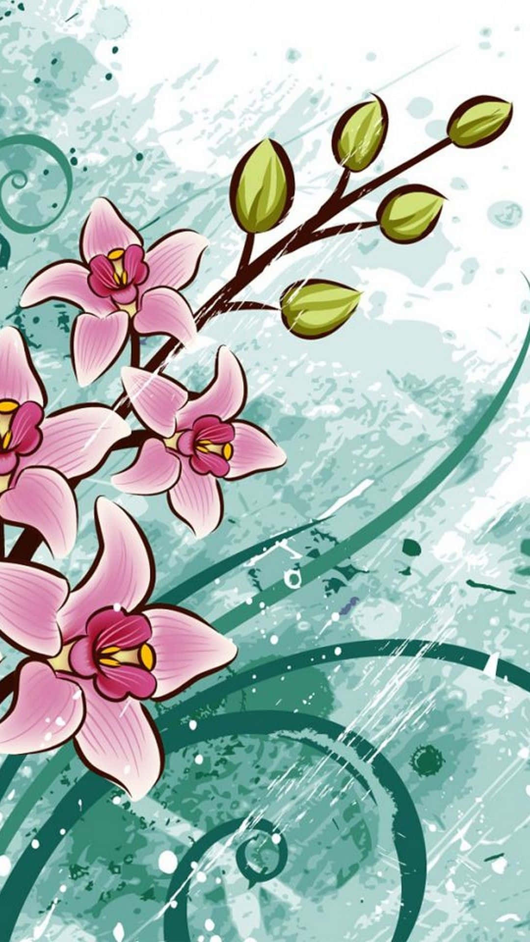Cute Flower 桌布 壁紙 — 粉紅色蘭花在帶有紋理的青綠色背景上優雅綻放，並帶有旋轉的綠色點綴。