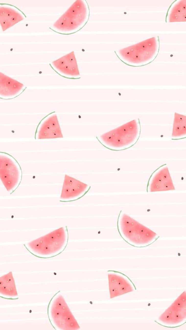 Watermelon iPhone 桌布 壁紙 — 粉紅色西瓜片帶黑色種子漂浮在柔和的粉紅色背景上，帶有微妙的白色條紋。