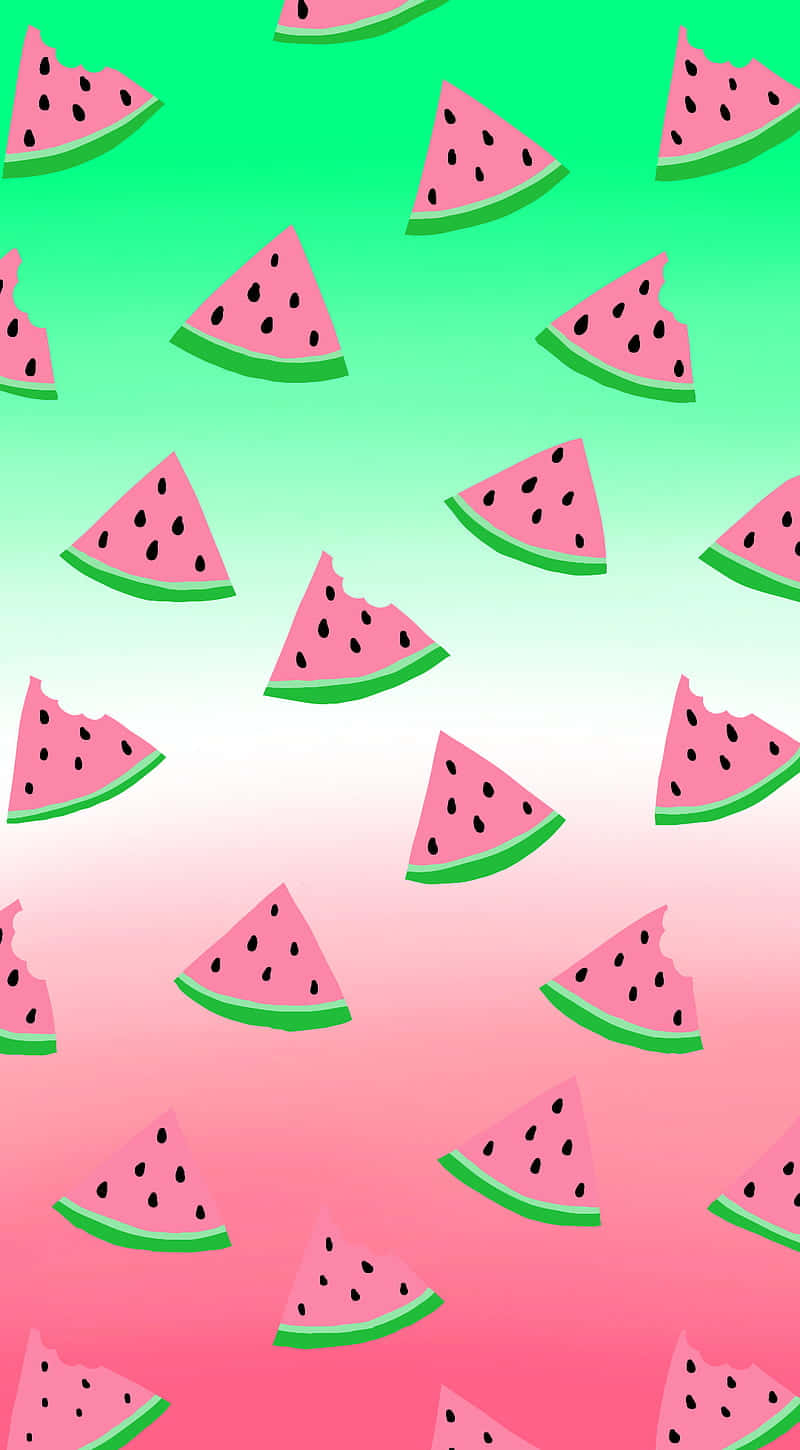 Watermelon 桌布 壁紙 — 粉紅色西瓜片漂浮在由綠色漸變至粉紅色的背景上。