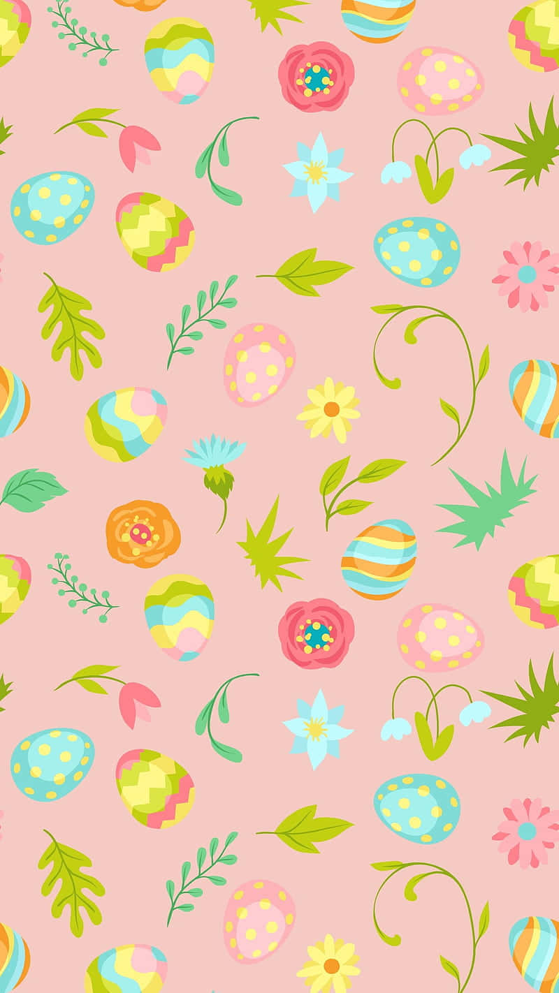 Cute Easter iPhone 桌布 壁紙 — 粉紅色調壁紙，帶有色彩繽紛的復活節蛋、花朵和葉子，呈現俏皮的重複圖案。