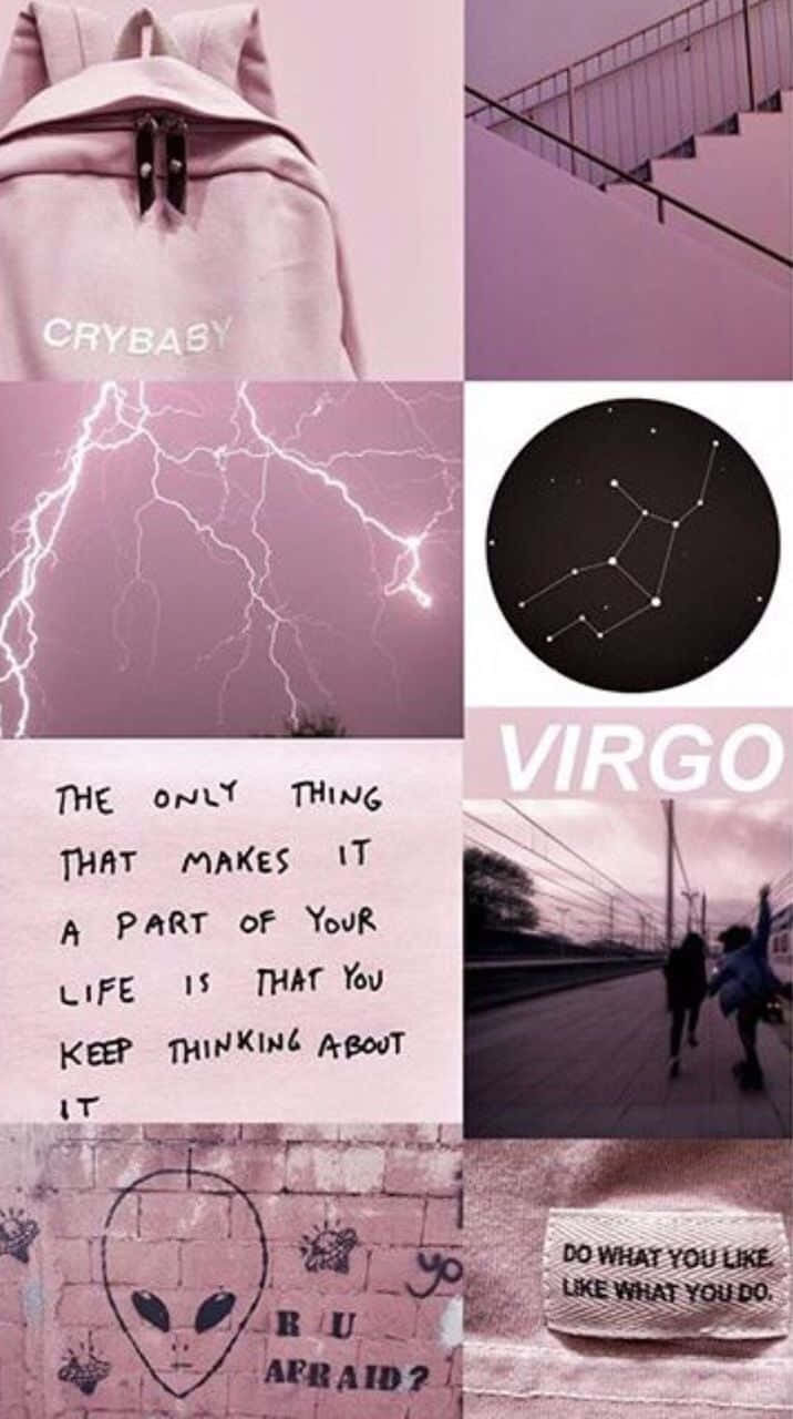 Virgo Aesthetic 桌布 壁紙 — 粉紅色調拼貼畫，包含連帽衫、閃電、處女座星座、手寫語錄、外星人塗鴉和行走的人們。
