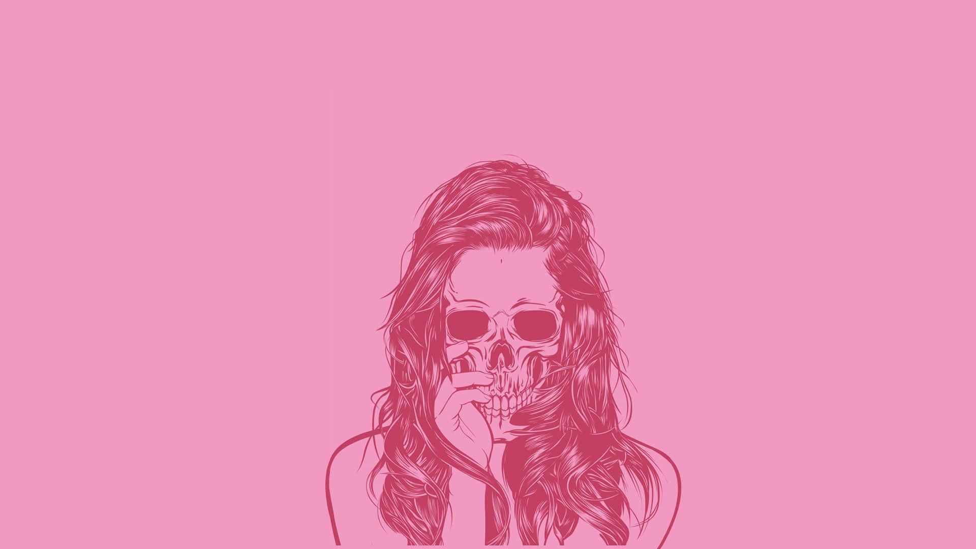 Pink Aesthetic Tumblr 桌布 壁紙 — 粉紅色調插圖，描繪一位擁有骷髏臉和長髮的女性，手掩嘴巴，背景為純粉紅色。
