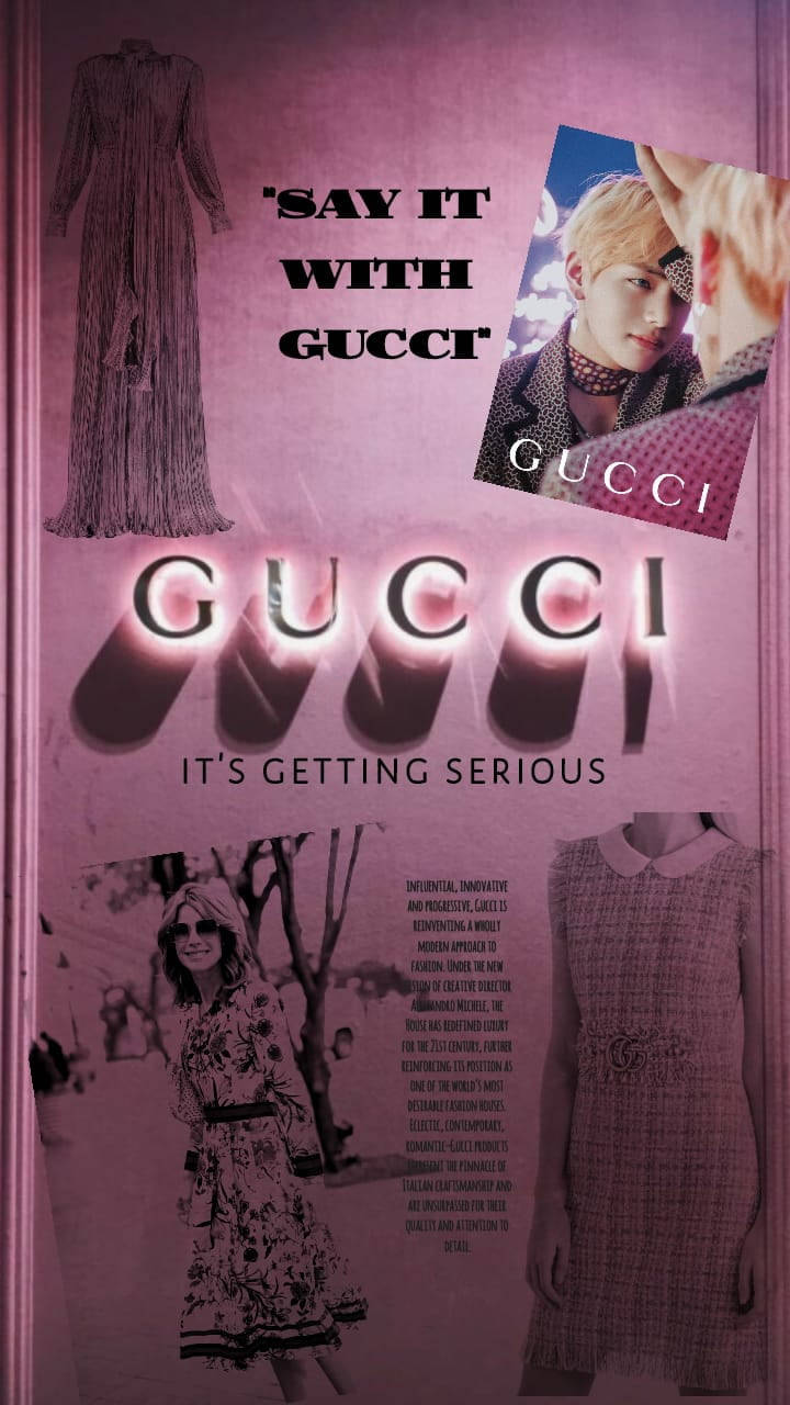 Gucci 時尚廣告拼貼，粉紅色背景上有模特兒和服裝。 — Gucci GIF 壁紙