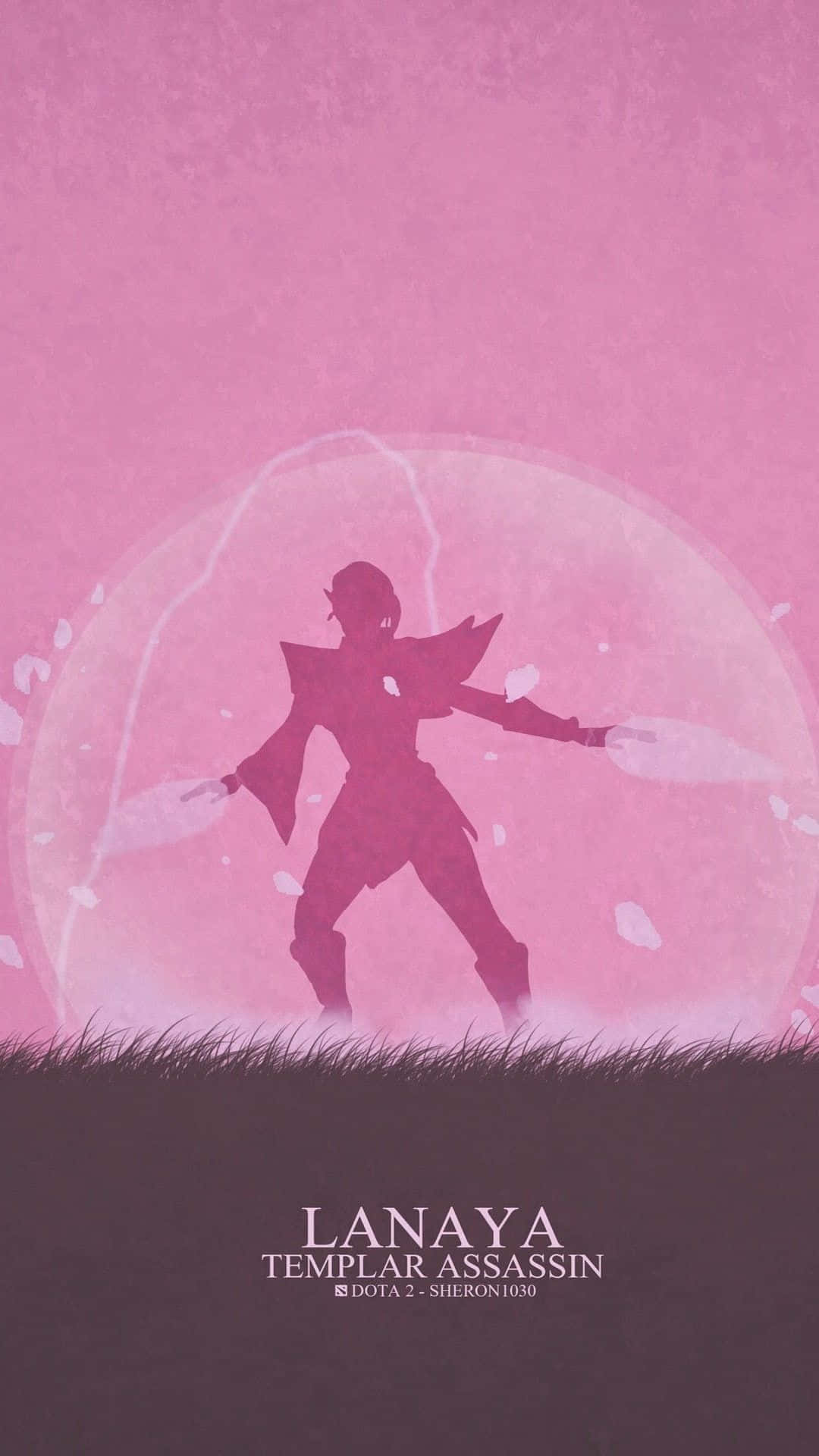 Templar Assassin 桌布 壁紙 — 粉紅色調的 Lanaya Templar Assassin 剪影，帶有發光球體和草地前景。