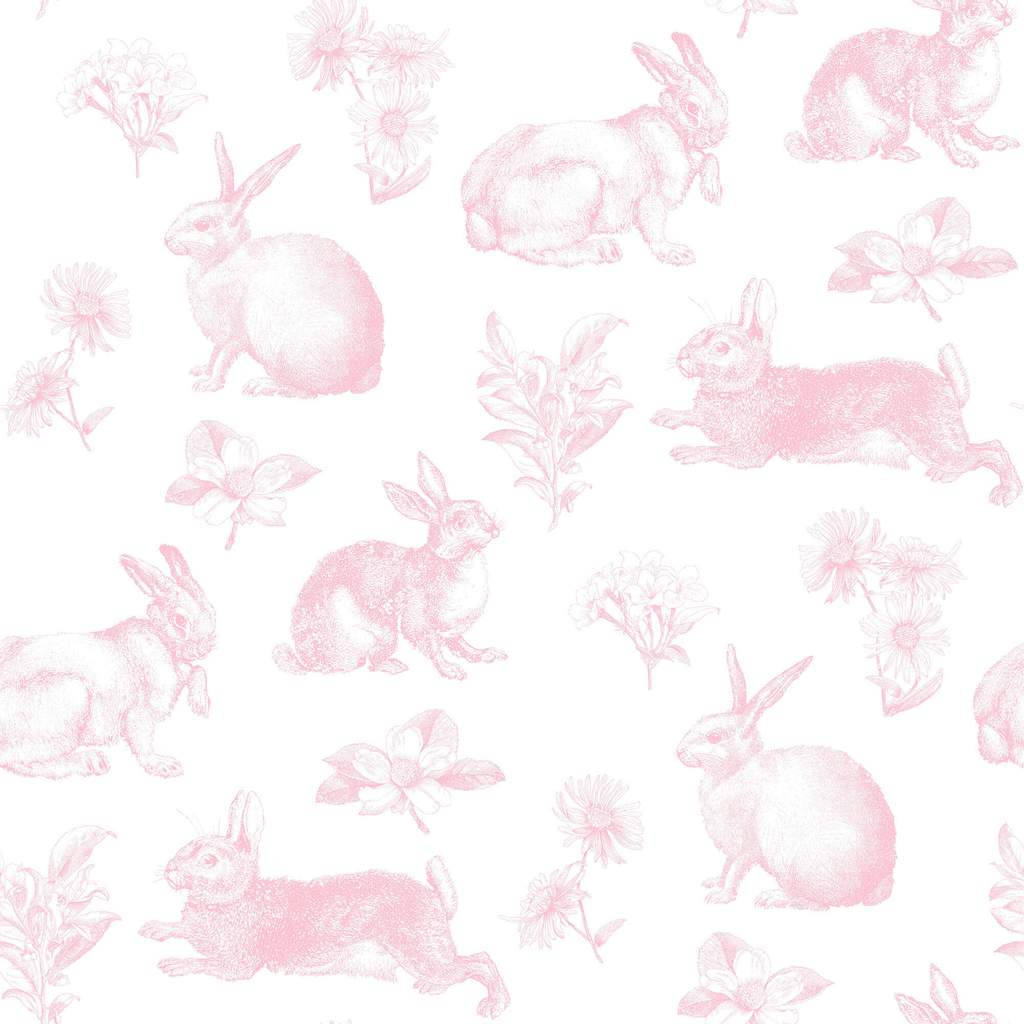 Cute Bunny 桌布 壁紙 — 粉紅色調的兔子和花朵以精緻素描風格在潔白背景上重複。