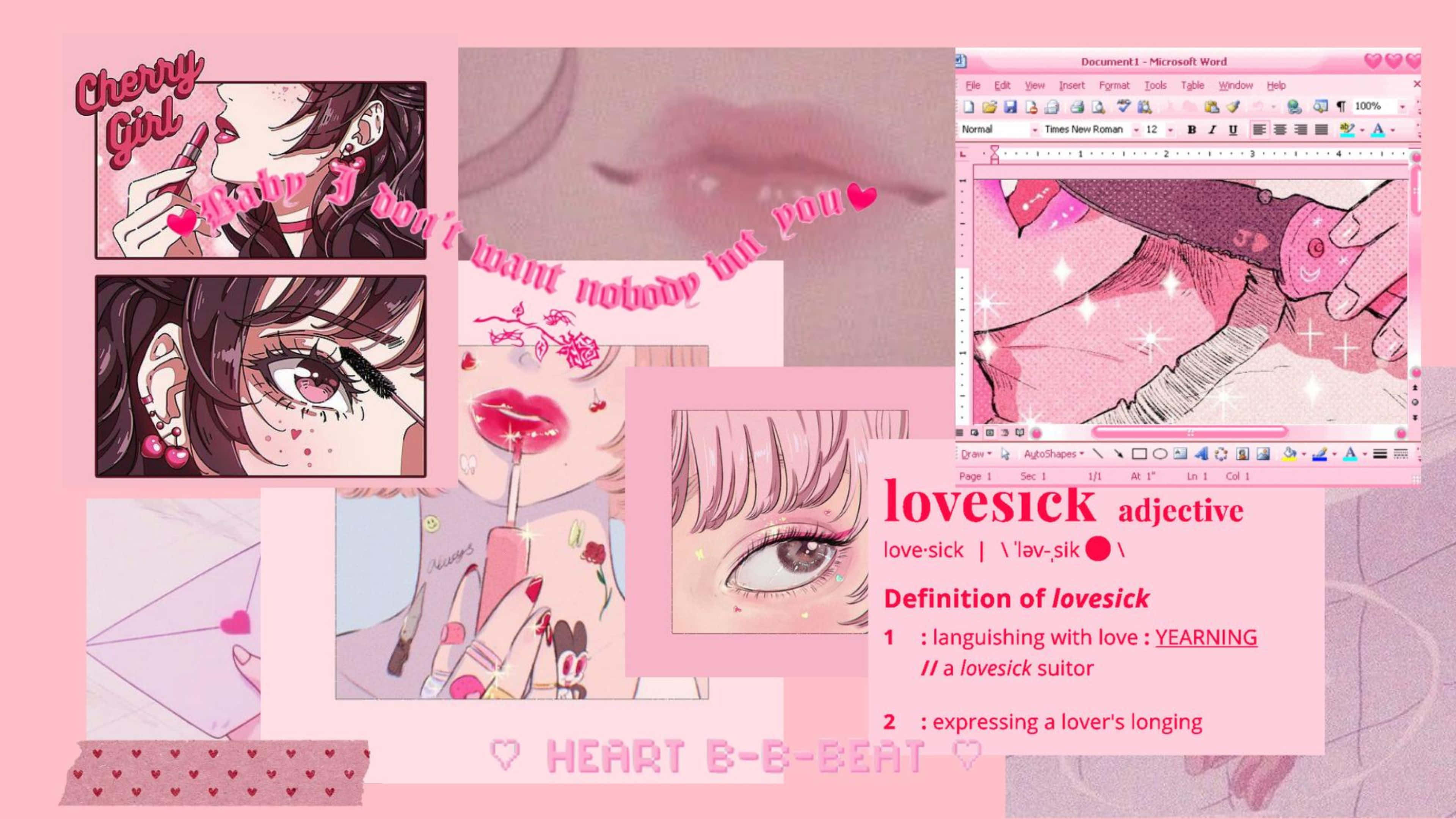 Aesthetic Pink Anime 桌布 壁紙 — 粉紅色調的動漫風格插圖拼貼，包含心形、嘴唇以及帶有「lovesick」定義的Word文檔。
