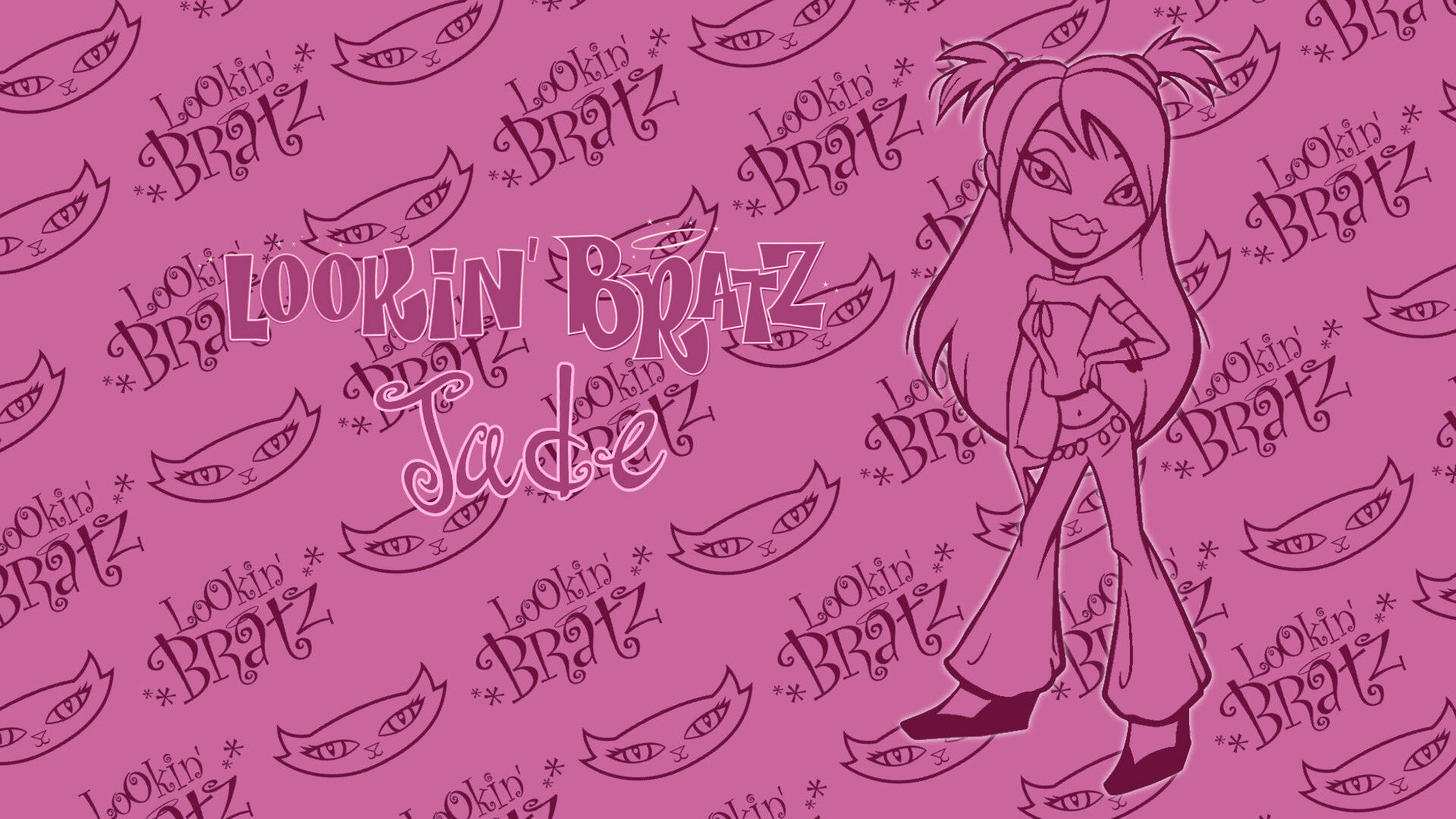 bratz 美學 桌布 壁紙 — 粉紅色調的動漫風格桌布， featuring Lookin' Bratz 的角色 Jade，帶有重複的標誌和眼睛圖案。
