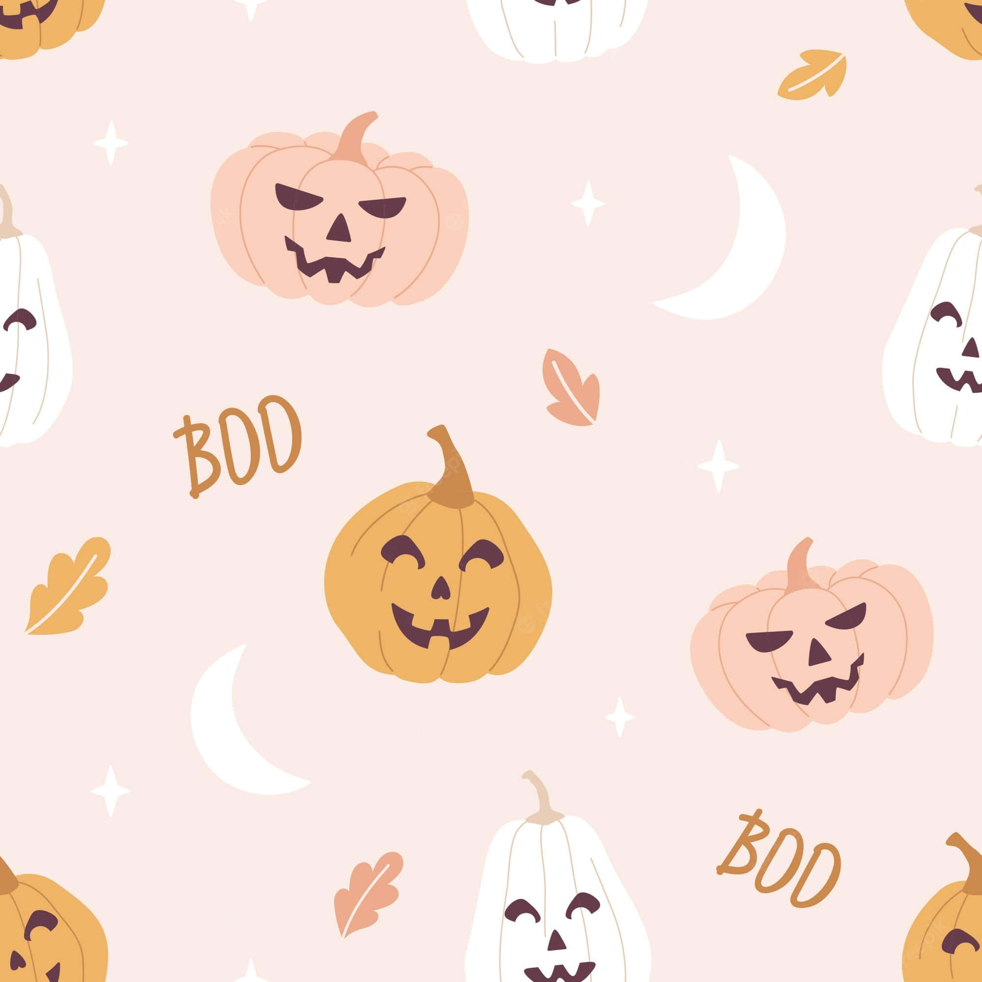 Pastel Halloween 桌布 壁紙 — 粉紅色調的可愛萬聖節圖案壁紙，有微笑和不高興的南瓜、月亮、樹葉和幽靈。