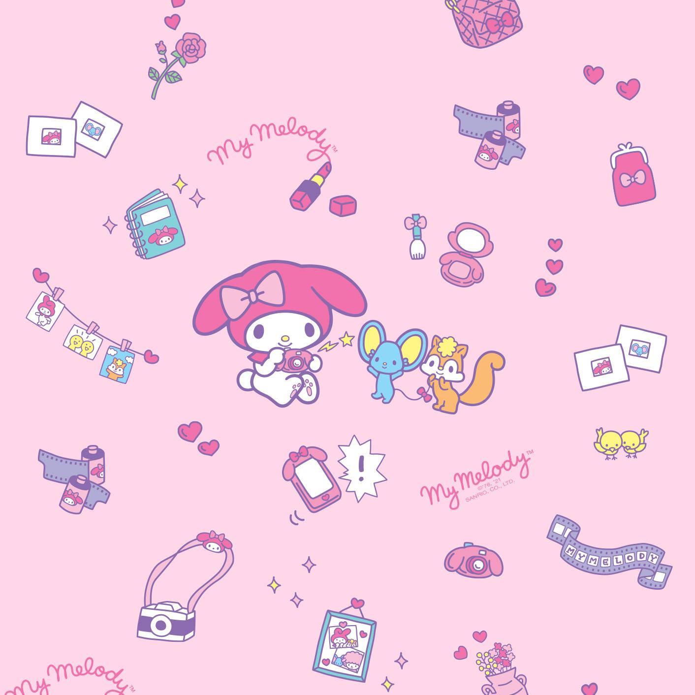Cute Sanrio 桌布 壁紙 — 粉紅色調的壁紙，My Melody 和朋友們被可愛的配件和心形環繞，呈現俏皮的散落圖案。