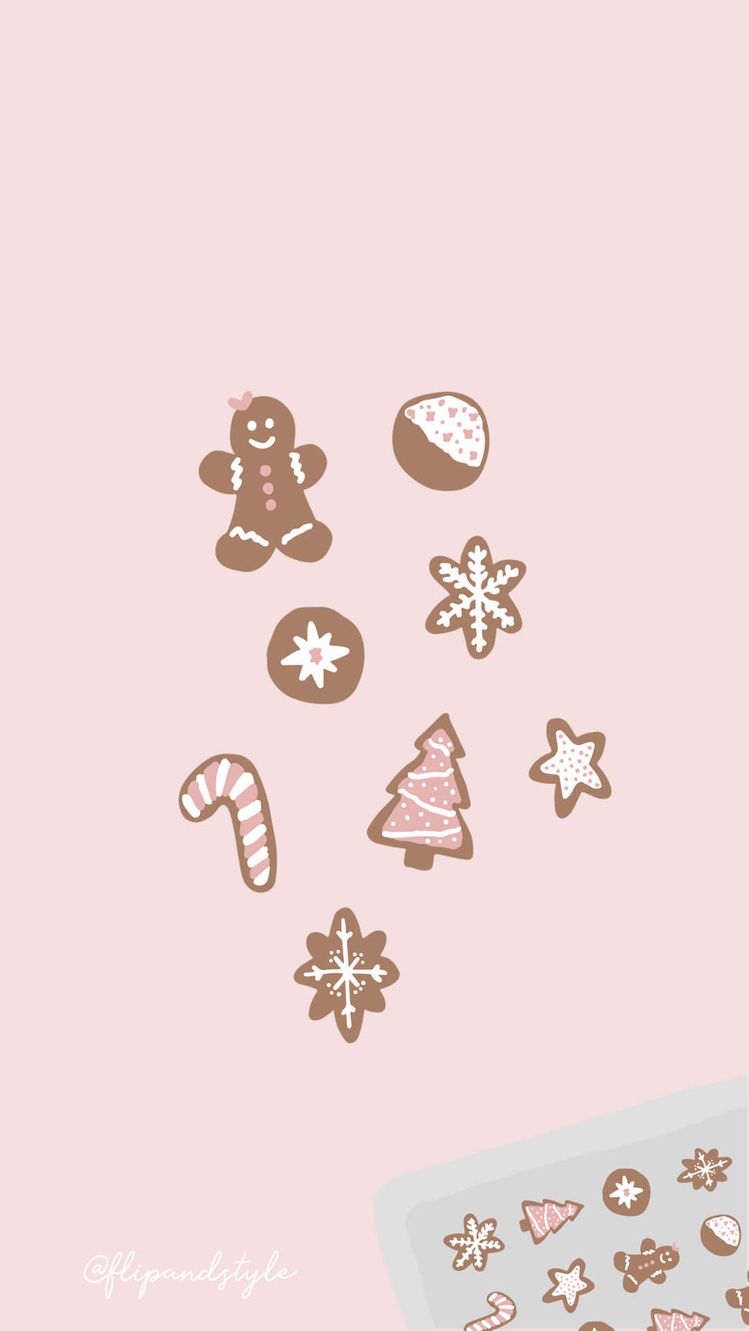 Pastel Aesthetic Christmas 桌布 壁紙 — 粉紅色調的壁紙，上面有漂浮的薑餅餅乾、雪花和糖果棒，底部還有一個托盤裝著更多餅乾。