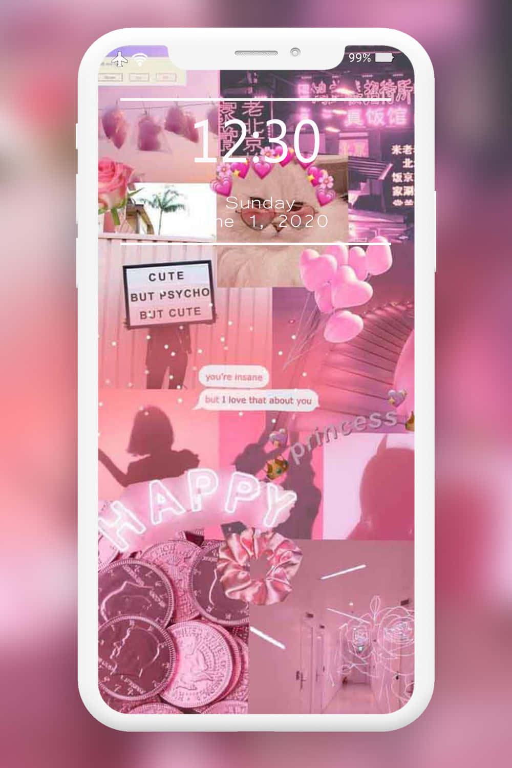 少女風 桌布 壁紙 — 粉紅色調的手機桌布拼貼，包含愛心、硬幣、文字和剪影，營造夢幻美感。