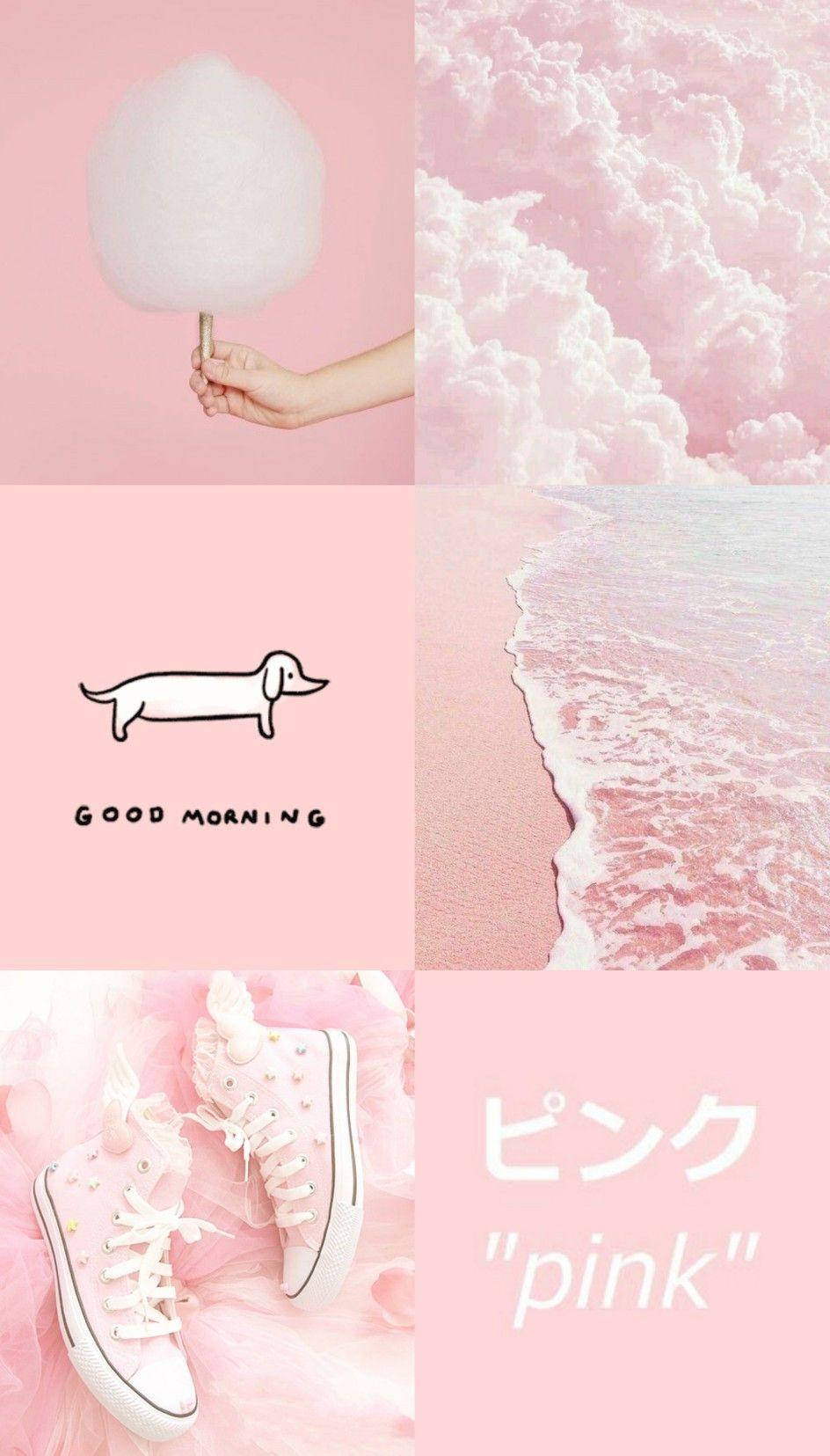 Clouds Aesthetics 桌布 壁紙 — 粉紅色調的拼貼畫，包含棉花糖、臘腸狗圖案、海浪和運動鞋，全部以柔和夢幻的美學統一。