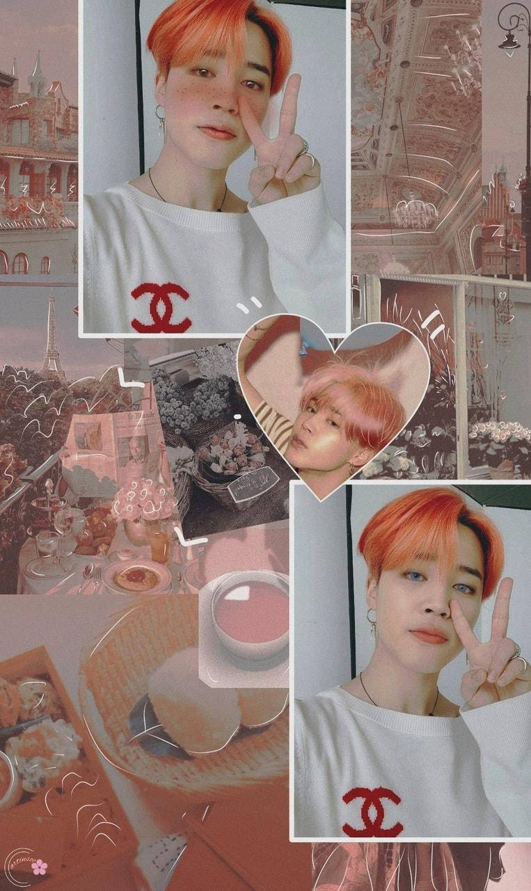 Jimin Aesthetic 桌布 壁紙 — 粉紅色調的拼貼畫，展示一個橙色頭髮的人做出和平手勢、奢侈品和巴黎風景。