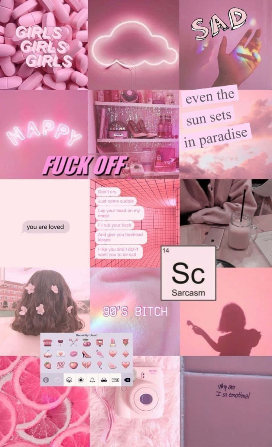 Aesthetic Pink Collage 桌布 壁紙 — 粉紅色調的迷因、語錄和流行文化參考拼貼，帶有霓虹燈光和粉彩紋理。