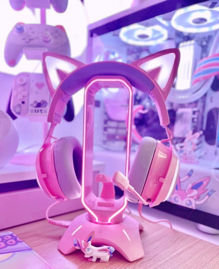 Gaming Accessories 桌布 壁紙 — 粉紅色貓耳耳機在支架上發光，處於充滿活力的霓虹燈遊戲設置中，配有控制器和動漫裝飾。