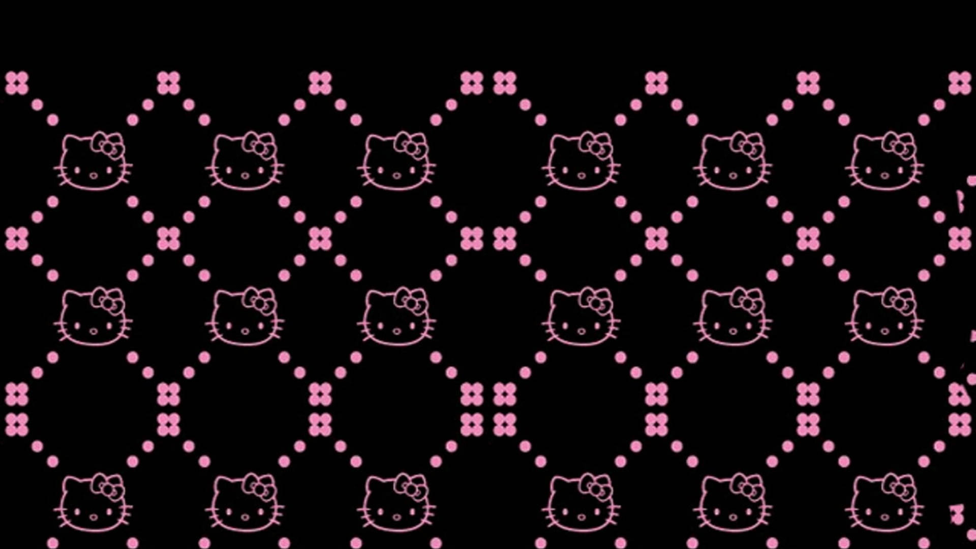 Kitty 桌布 壁紙 — 粉紅色輪廓的Hello Kitty面孔在黑色背景上以重複的菱形網格圖案排列。