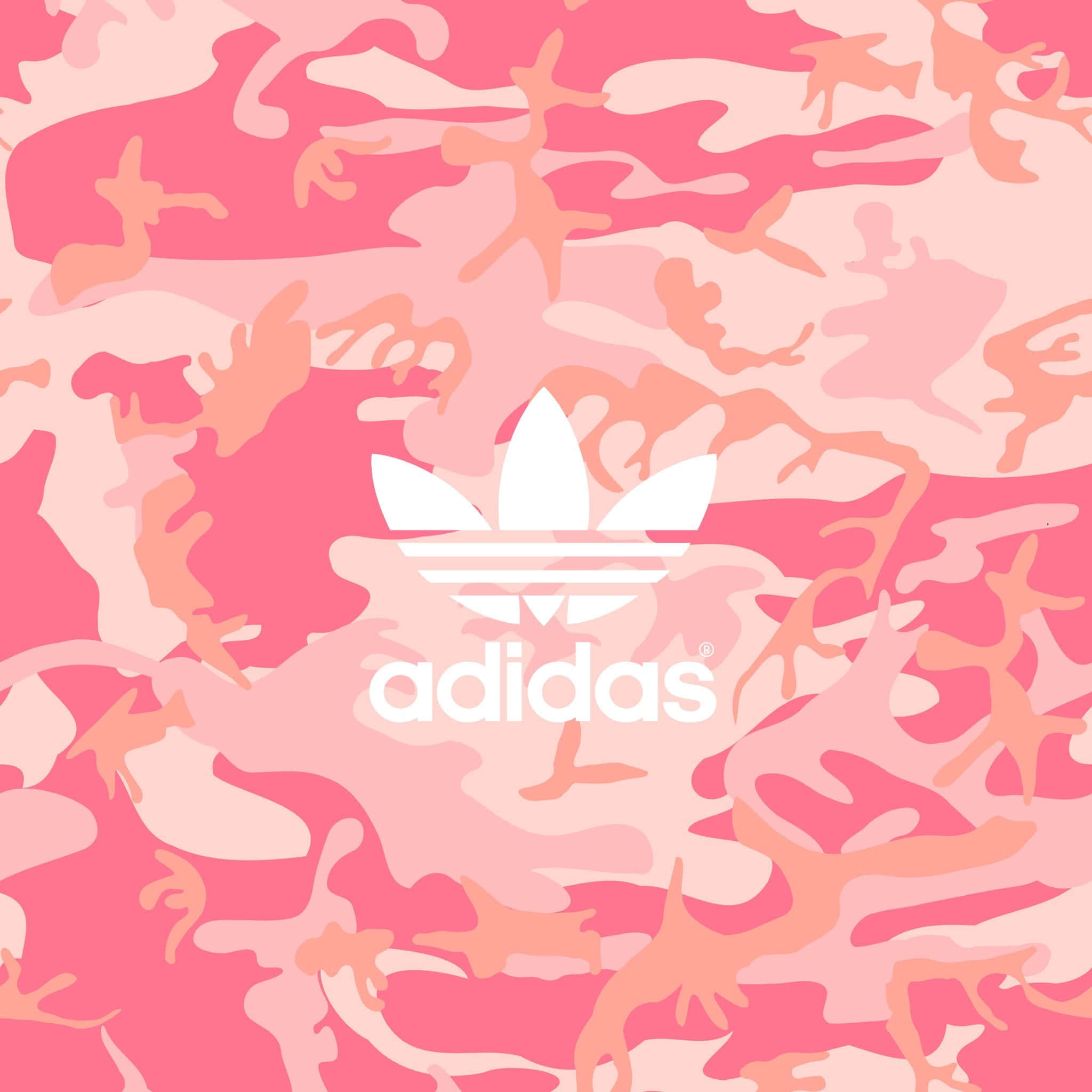愛迪達 桌布 壁紙 — 粉紅色迷彩圖案壁紙，中央突出白色adidas標誌。