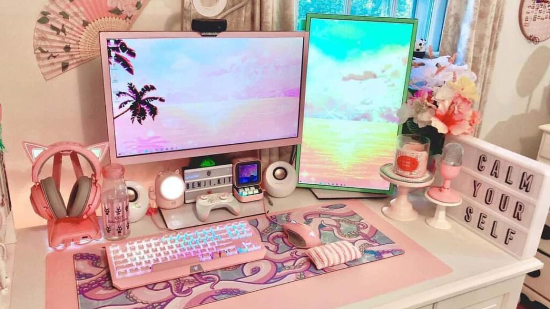 Kawaii Gaming 桌布 壁紙 — 粉紅色遊戲桌設置，配棕櫚樹壁紙、貓耳耳機和 'calm your self' 標誌。