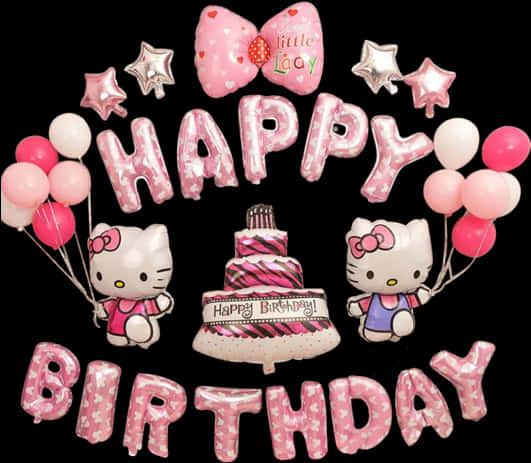Hello Kitty 桌布 壁紙 — 粉紅色閃亮Hello Kitty氣球圍繞蛋糕和兩個拿著氣球的Hello Kitty公仔拼出「HAPPY BIRTHDAY」。