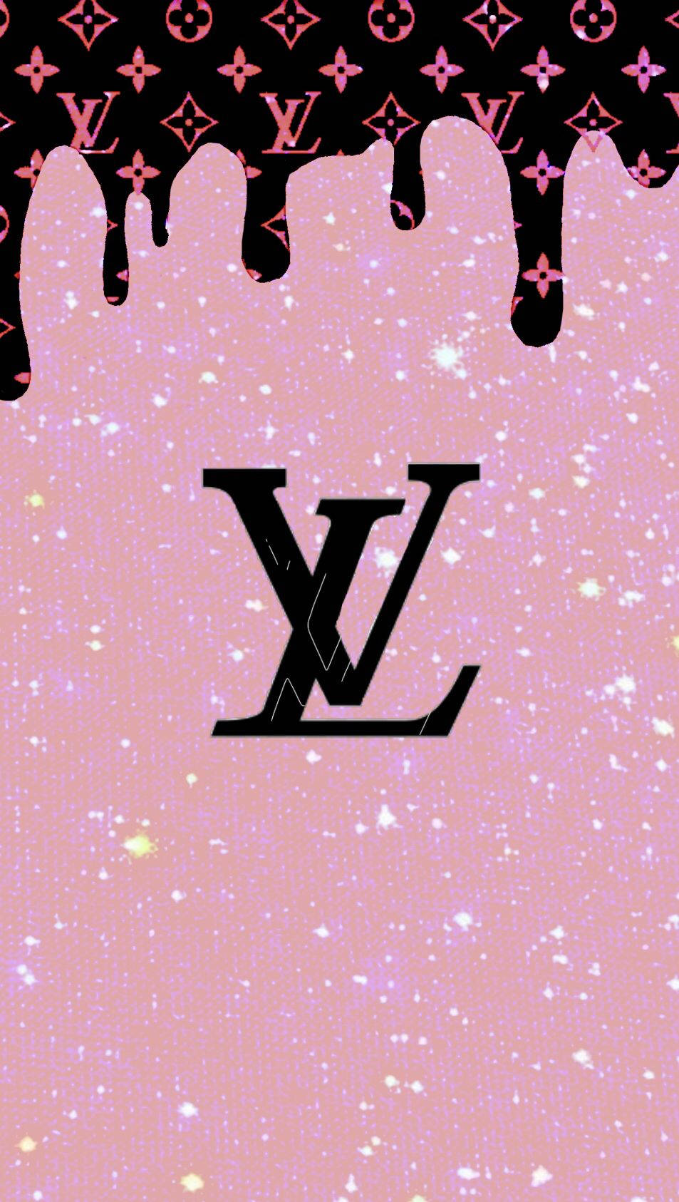 Louis Vuitton Aesthetic 桌布 壁紙 — 粉紅色閃粉背景，帶有滴落效果的黑色路易威登花押字圖案和中央LV標誌。
