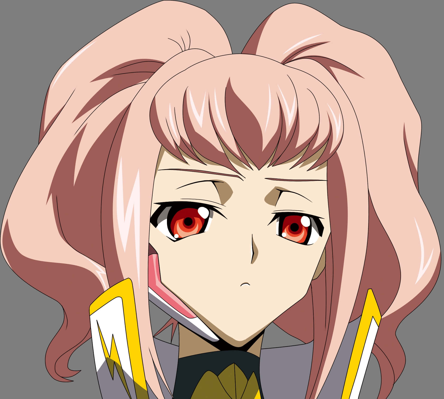 Anya Alstreim 桌布 壁紙 — 粉紅色雙馬尾、紅眼睛的動漫女孩，在灰色背景前手持兩把黃刃劍。