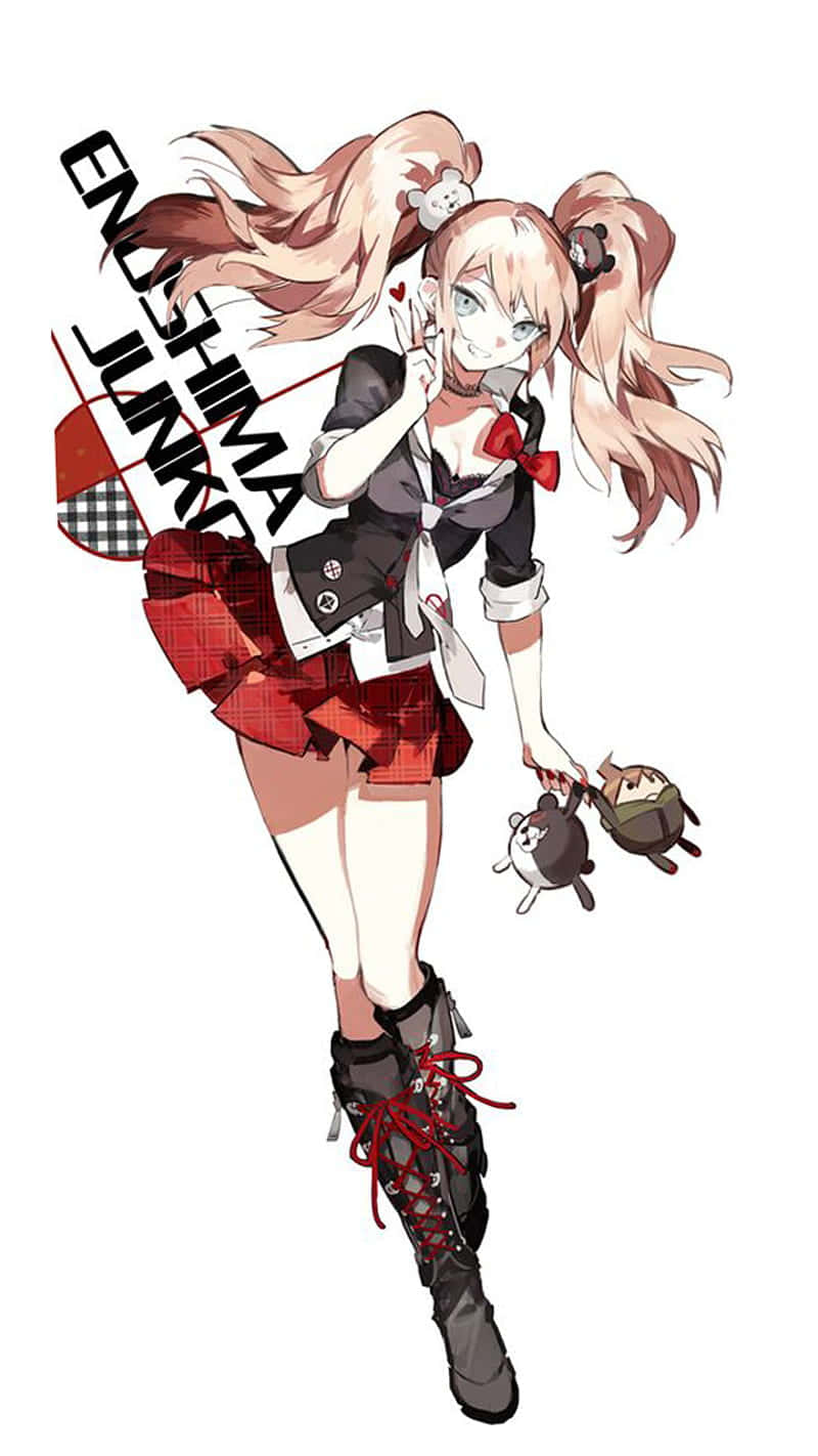 動漫女孩 桌布 壁紙 — 粉紅色雙馬尾的動漫女孩穿著校服，抱著毛絨玩具和格子旗。