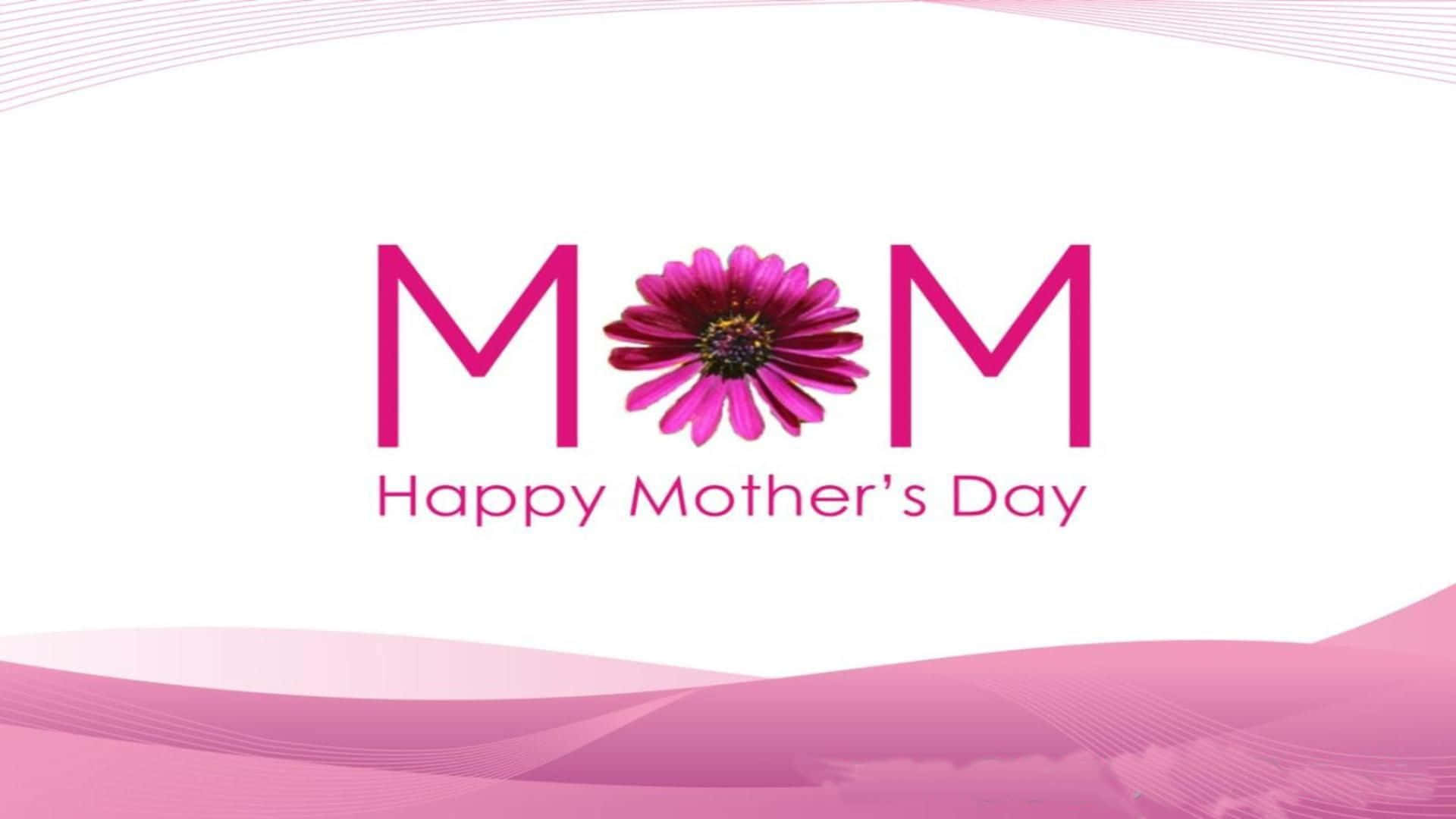 Mother's Day 桌布 壁紙 — 粉紅色非洲菊雛菊取代MOM中的O，背景為柔和粉紅色波浪線，並帶有'Happy Mother's Day'文字。
