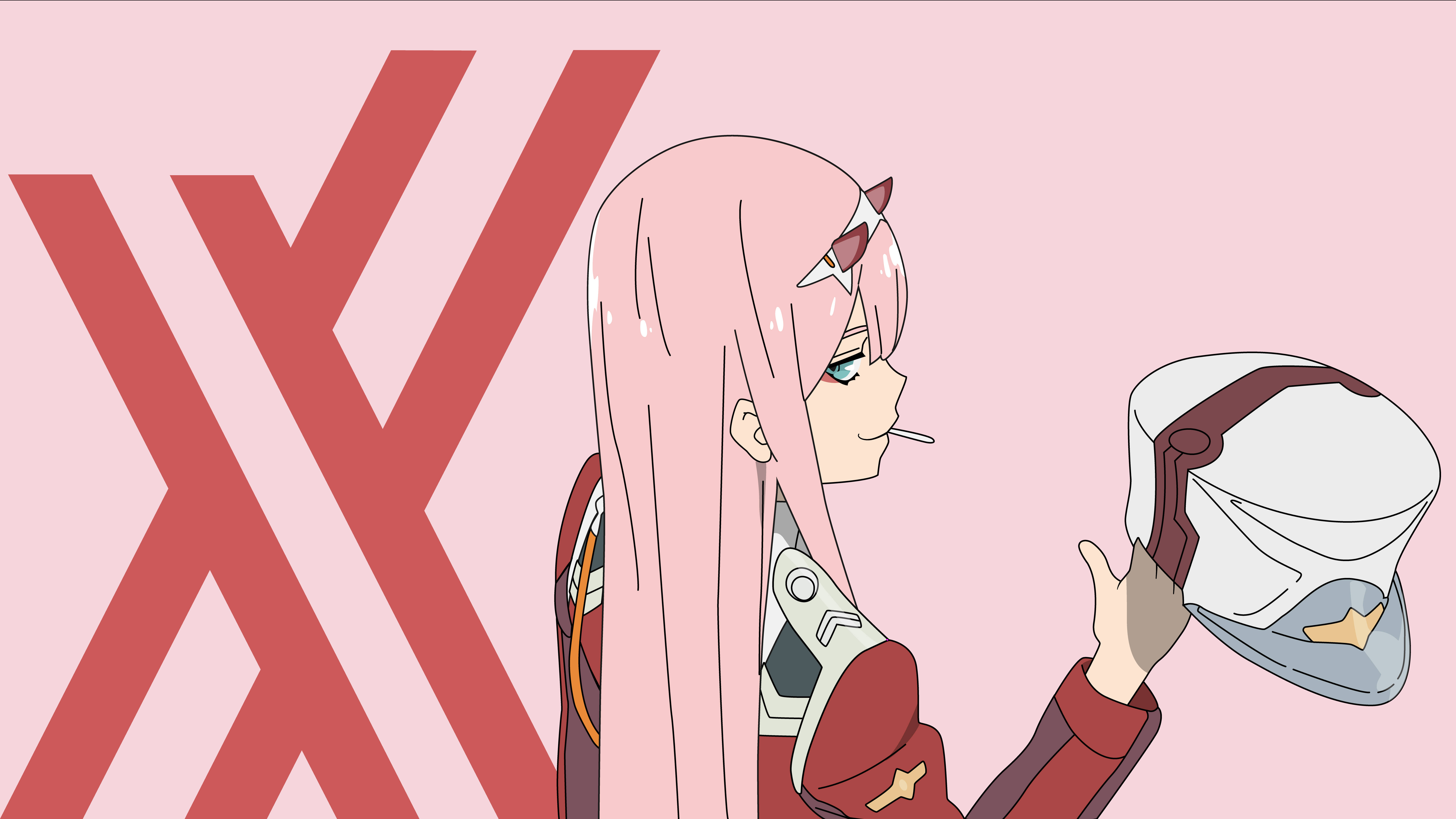 零二 桌布 壁紙 — 粉紅色頭髮、戴著星形耳機的動漫女孩，在帶有紅色X形狀的粉紅色背景前拿著白色頭盔。
