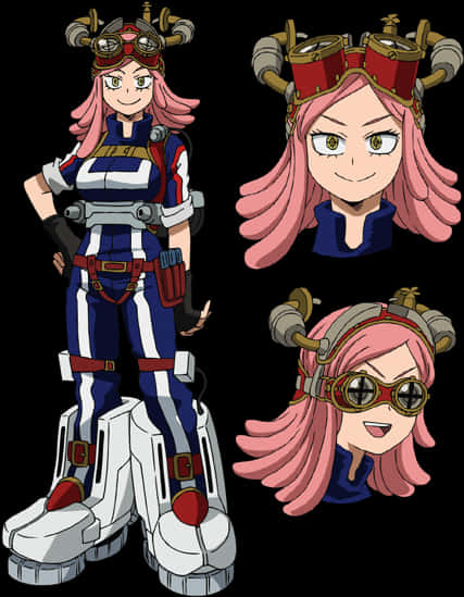 My Hero Academia Anime 桌布 壁紙 — 粉紅色頭髮、戴著蒸氣龐克護目鏡的動漫角色，自信地擺出全副裝備的姿勢，並有三個表情豐富的特寫。