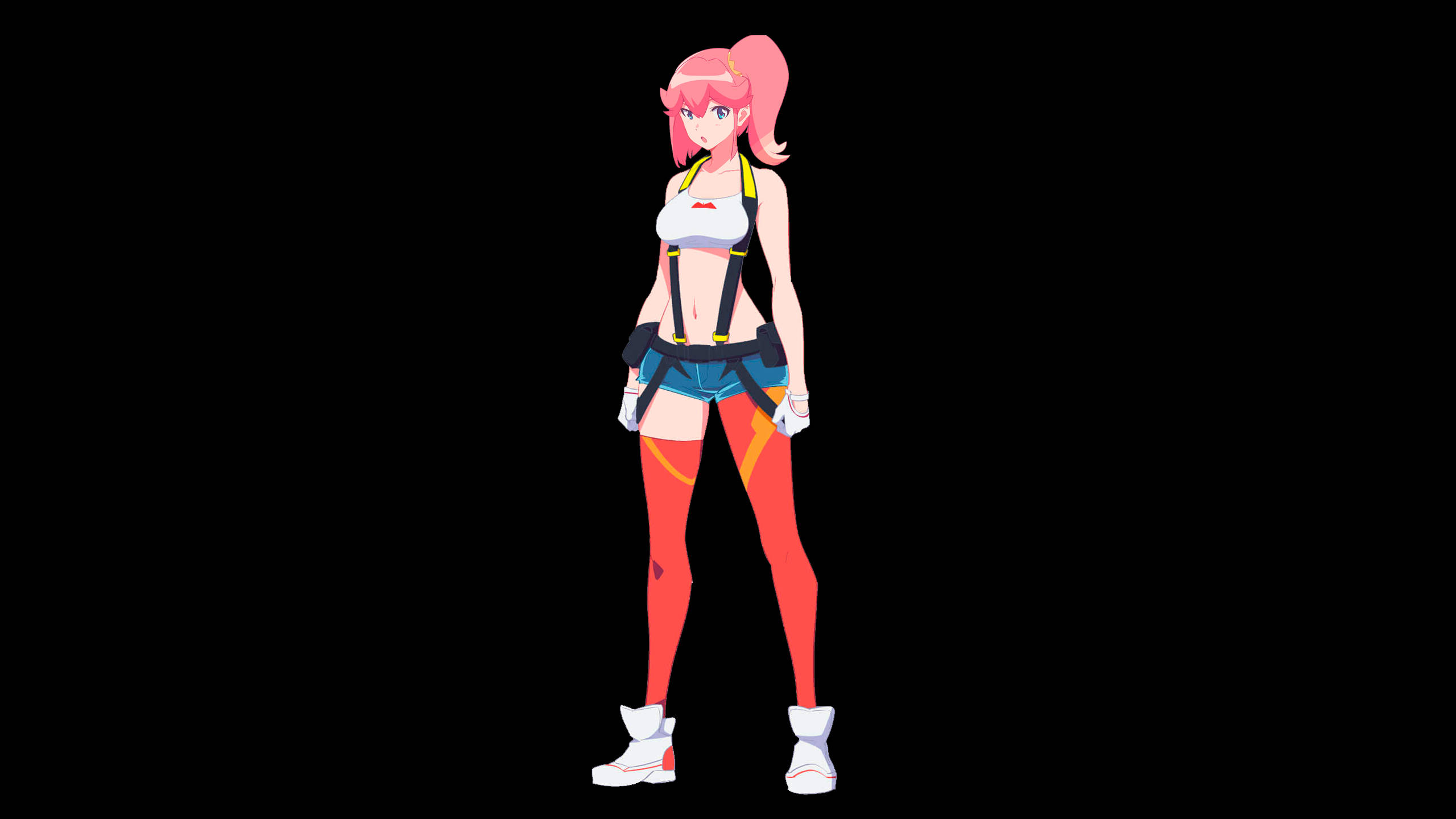 Promare 桌布 壁紙 — 粉紅色頭髮、穿著運動裝備的動漫女孩自信地站在黑色背景前。
