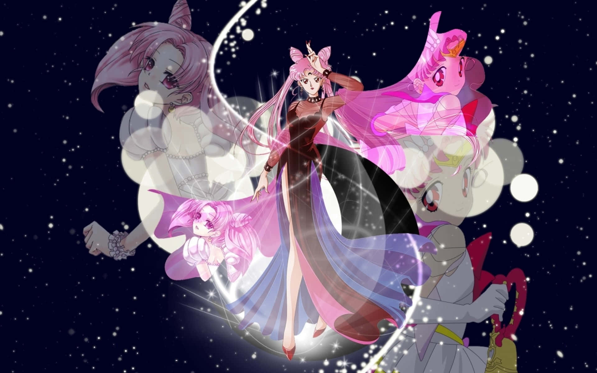 sailor moon crystal 桌布 壁紙 — 粉紅色頭髮、穿著飄逸連衣裙的動漫角色，在宇宙夜空中閃爍的星星之間漂浮。