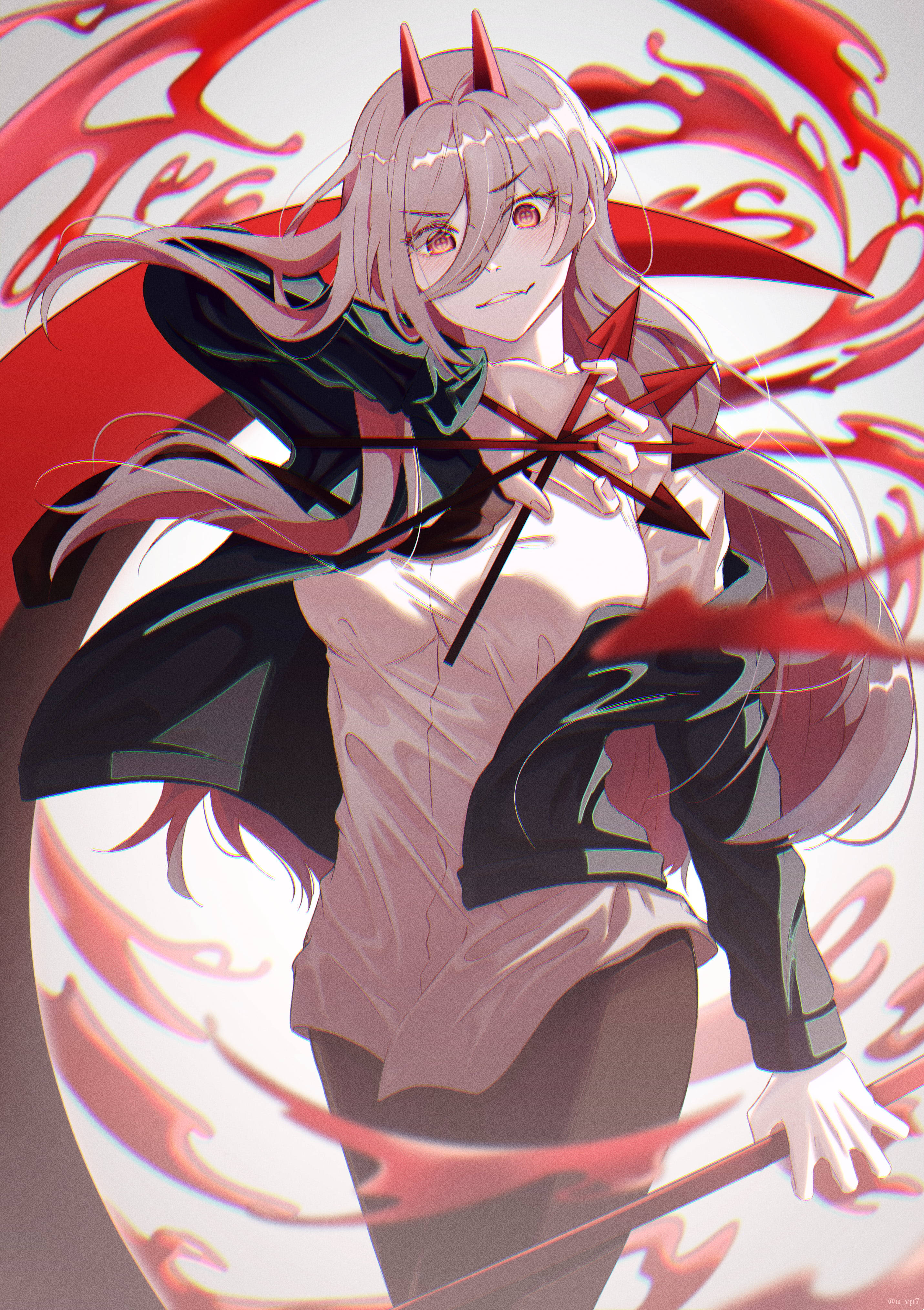 Cool Anime Girl 桌布 壁紙 — 粉紅色頭髮、紅色角的動漫女孩，在旋轉的深紅色能量中揮舞著紅色星形武器。