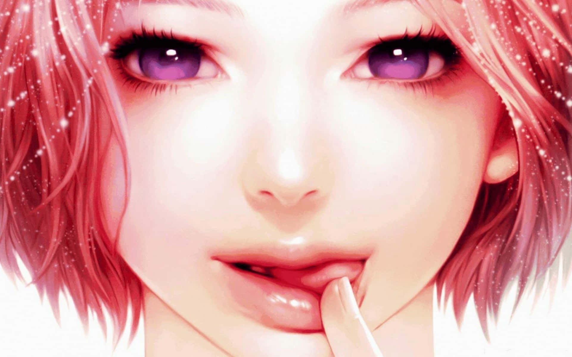 動漫女孩 桌布 壁紙 — 粉紅色頭髮、紫色眼睛的動漫女孩，在閃閃發光的白色背景上輕輕咬著手指的特寫。
