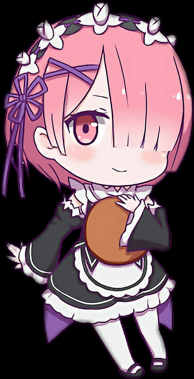Anime Chibi 桌布 壁紙 — 粉紅色頭髮、紫色蝴蝶結的Q版動漫女孩穿著女僕裝，手持一個圓形棕色物體。